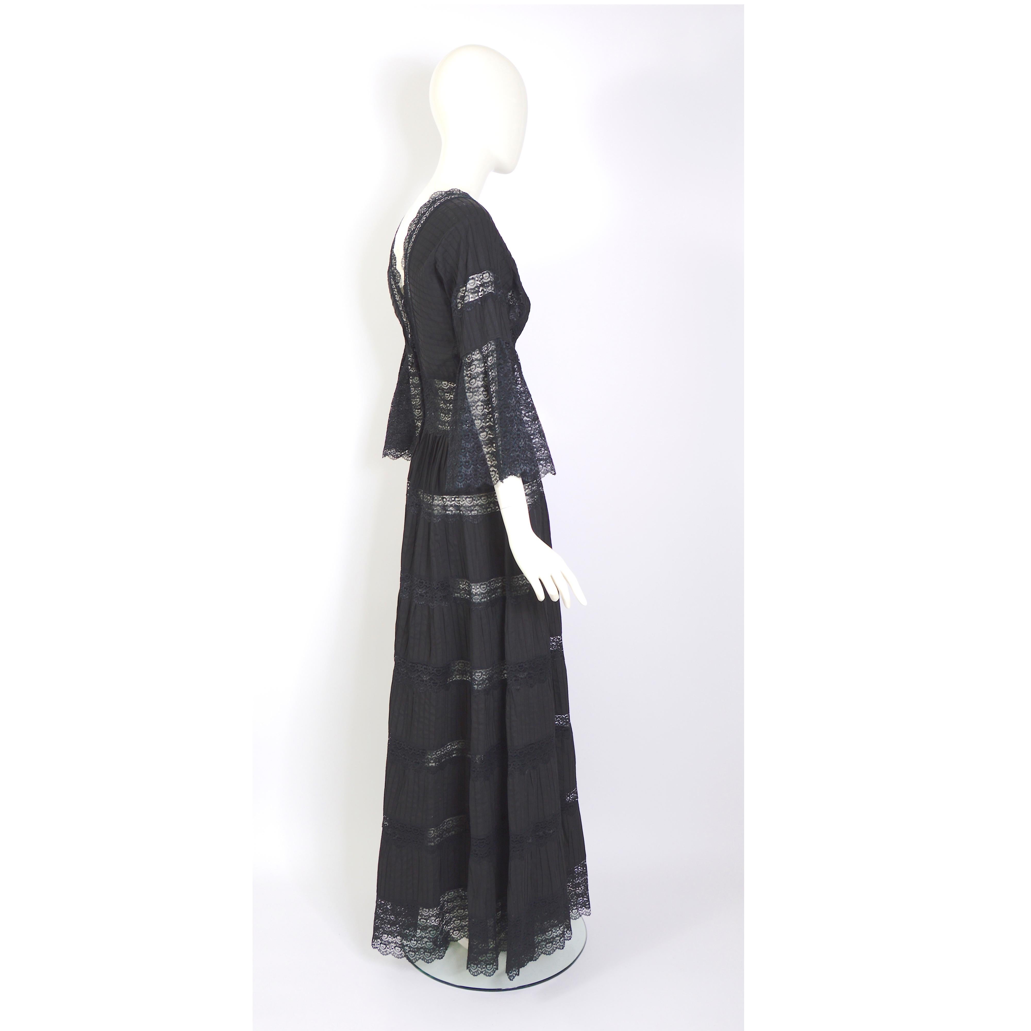 Women's Vintage 1970s jet black cotton and lace Mexican gown