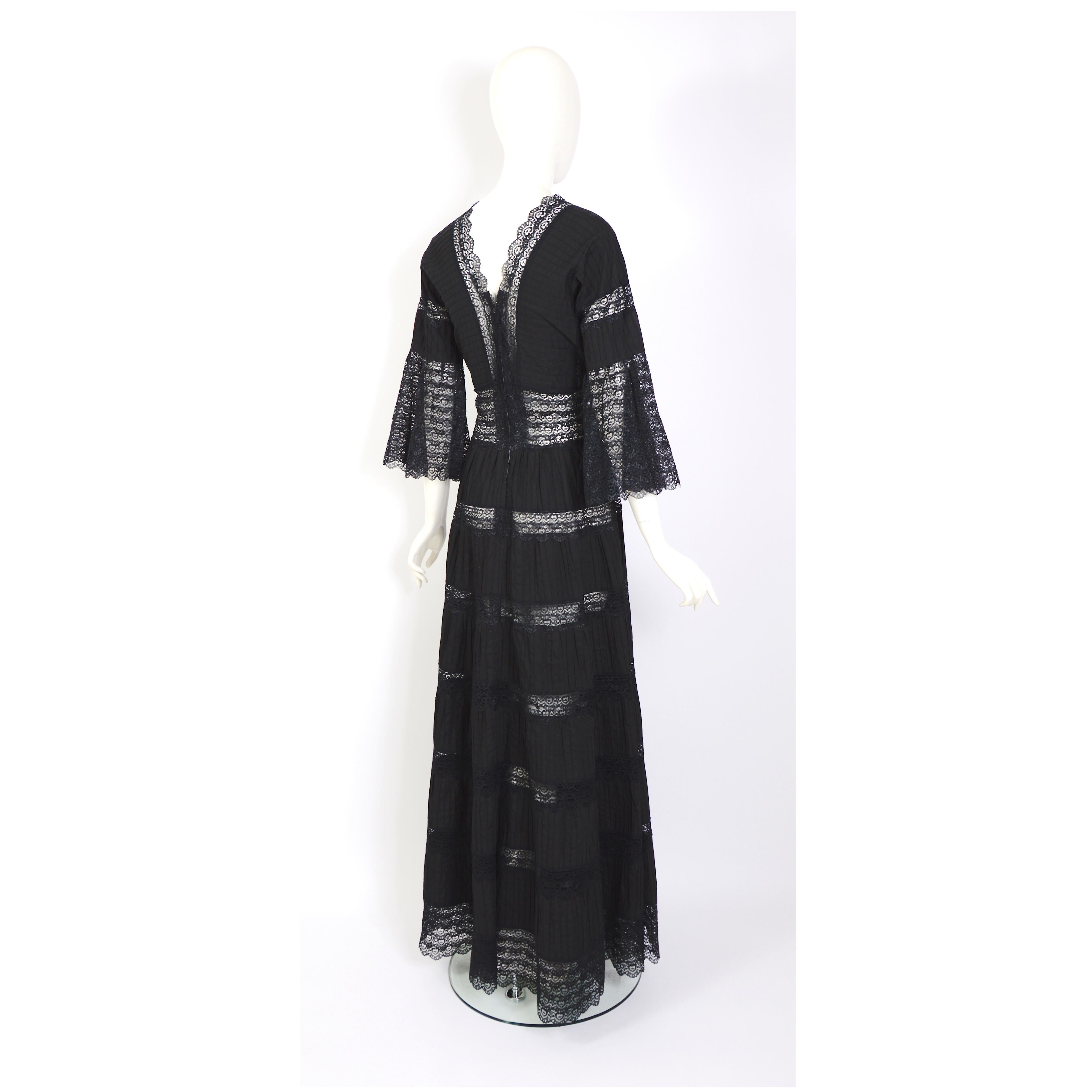 Vintage 1970s jet black cotton and lace Mexican gown 1