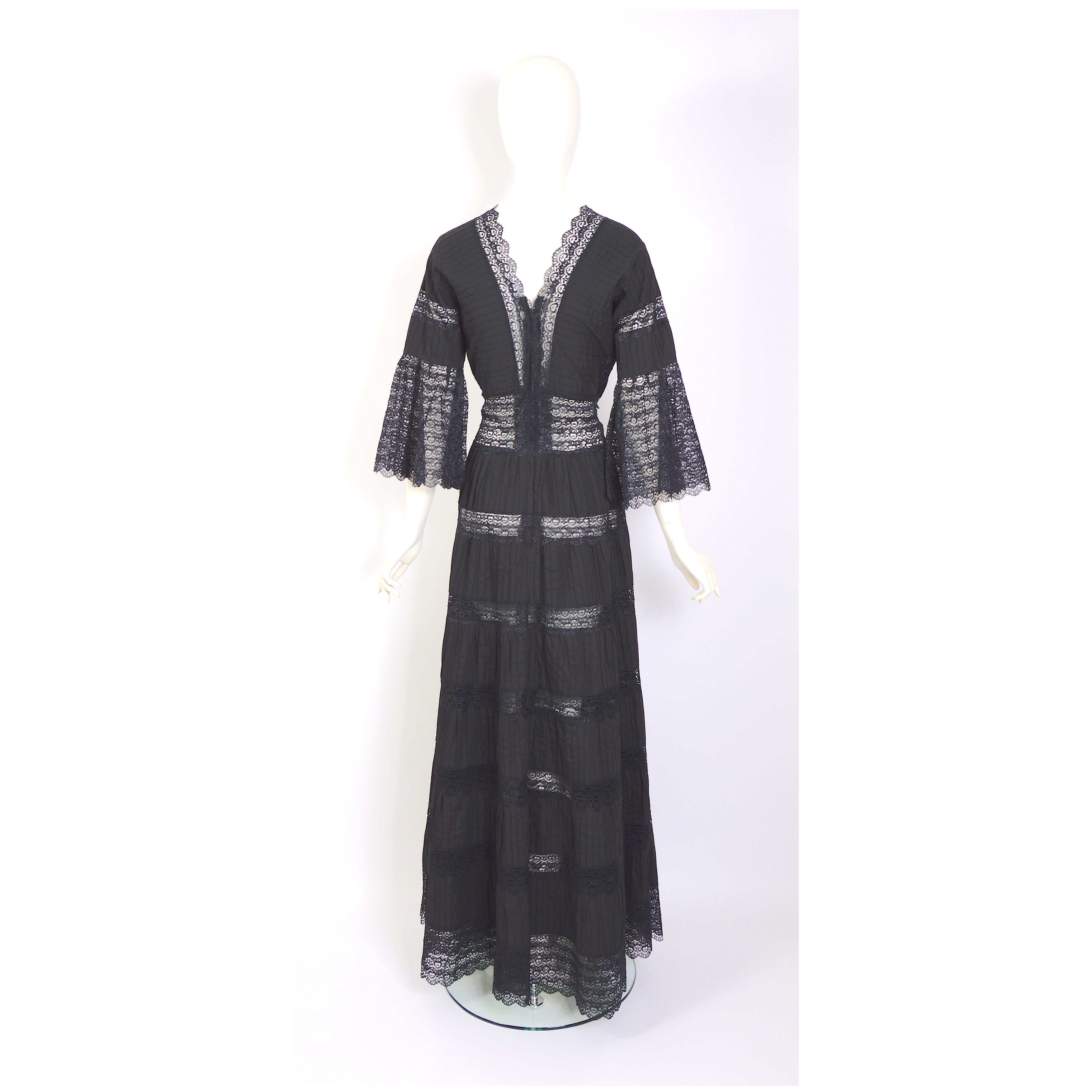 Vintage 1970s jet black cotton and lace Mexican gown 2