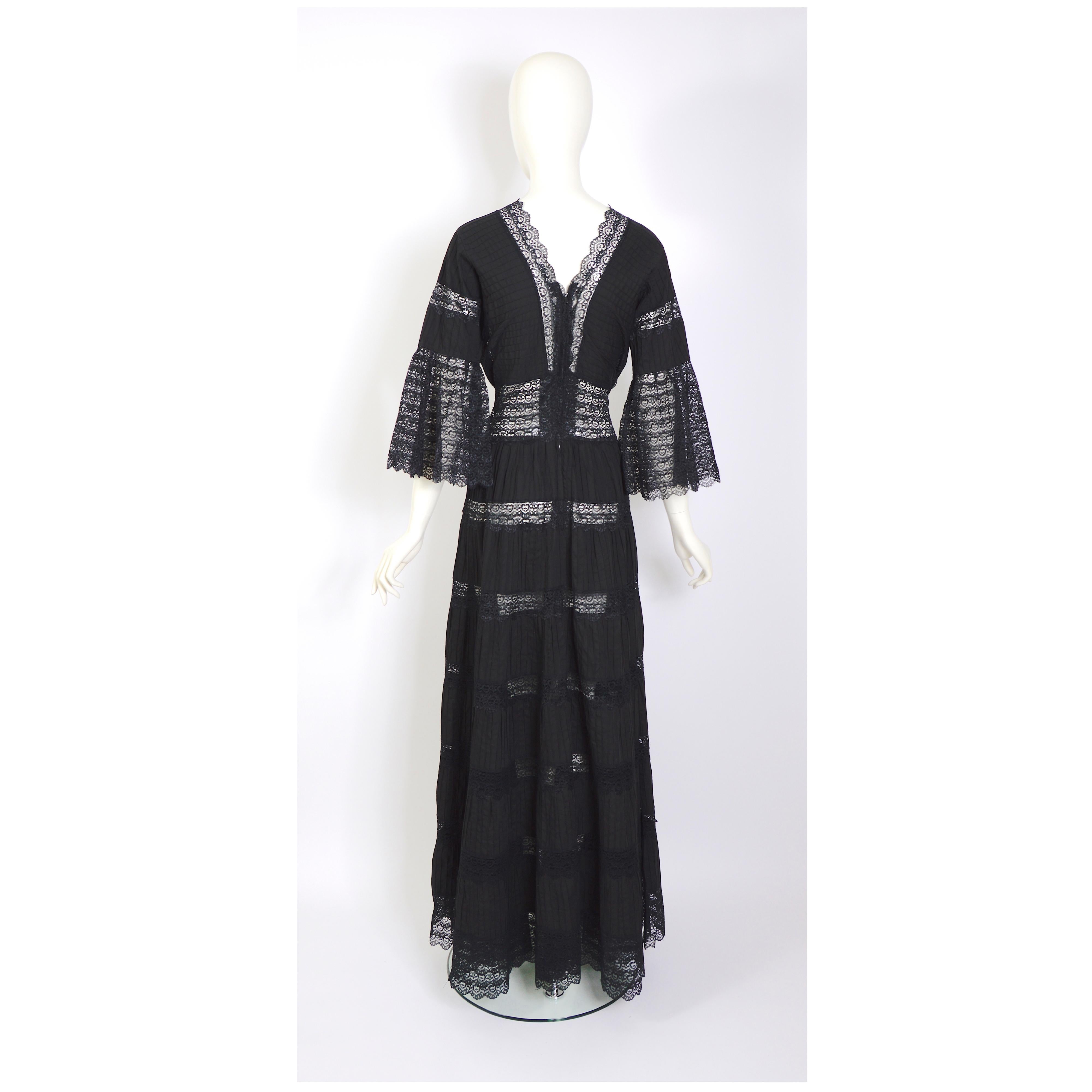 Vintage 1970s jet black cotton and lace Mexican gown 3