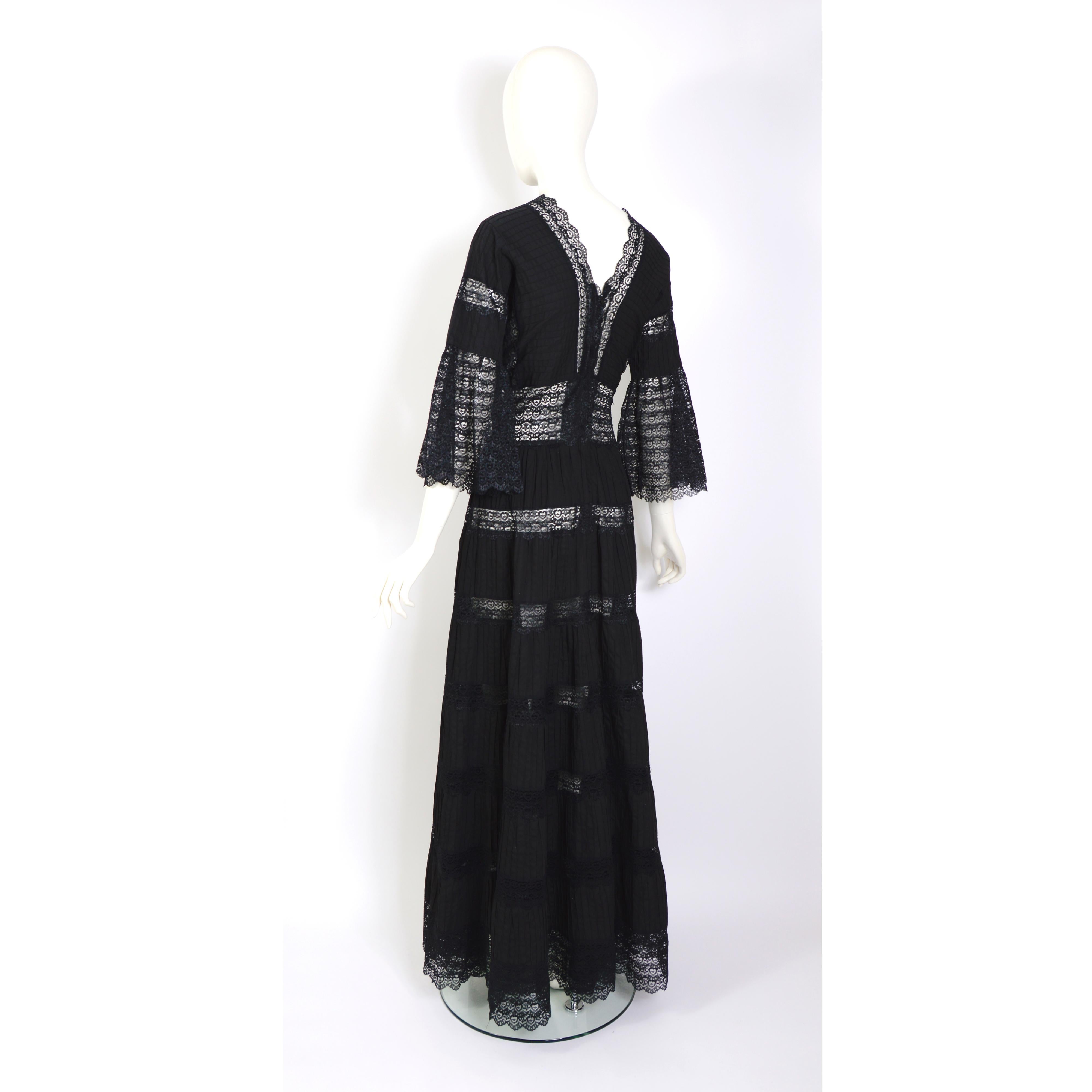 Vintage 1970s jet black cotton and lace Mexican gown 4