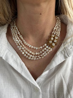 Vintage 1970 Keshi Pearl 14k Yellow Gold Brutalist Clasp Four Strand Necklace