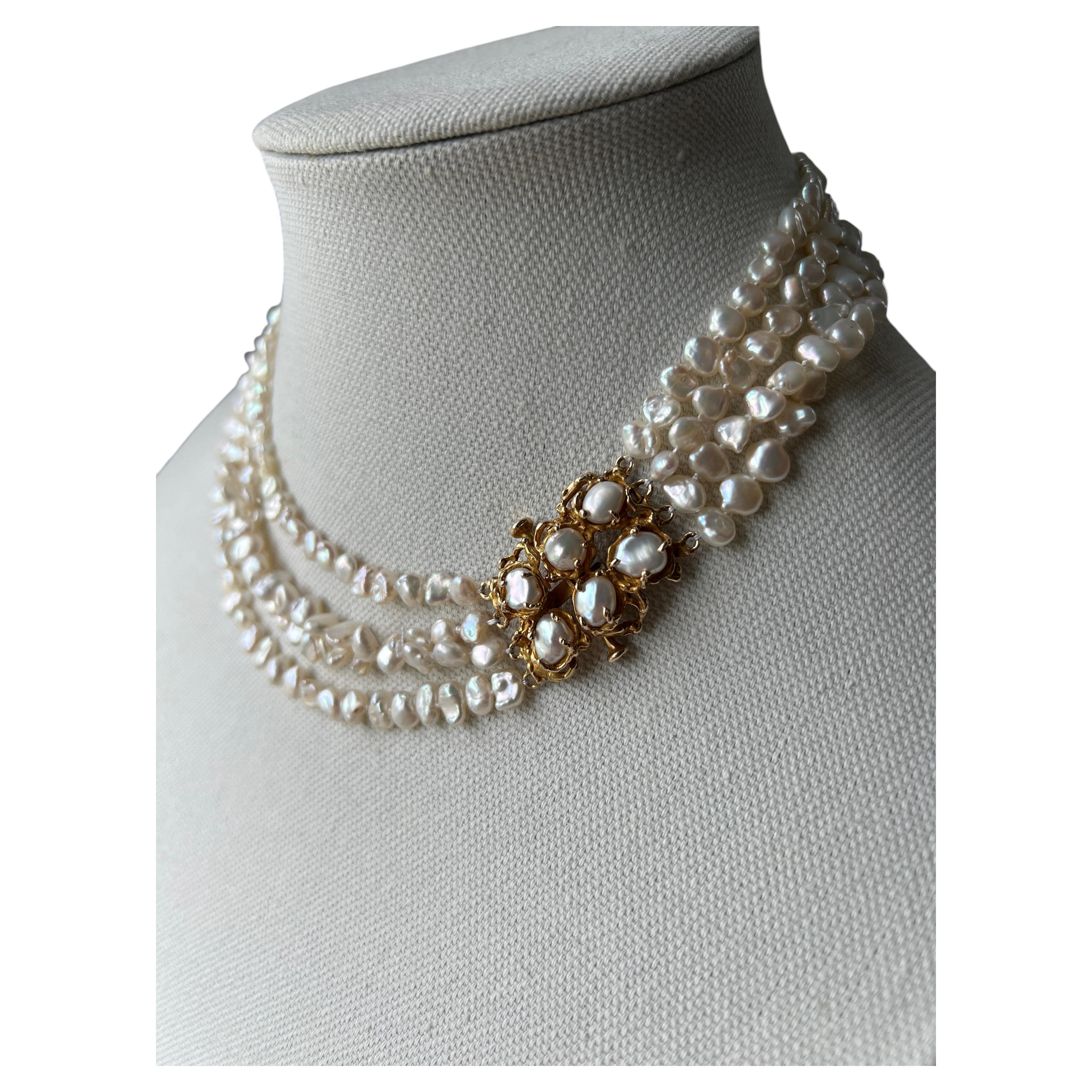 Vintage 1970s Keshi Pearl 14k Yellow Gold Brutalist Clasp Four Strand Necklace