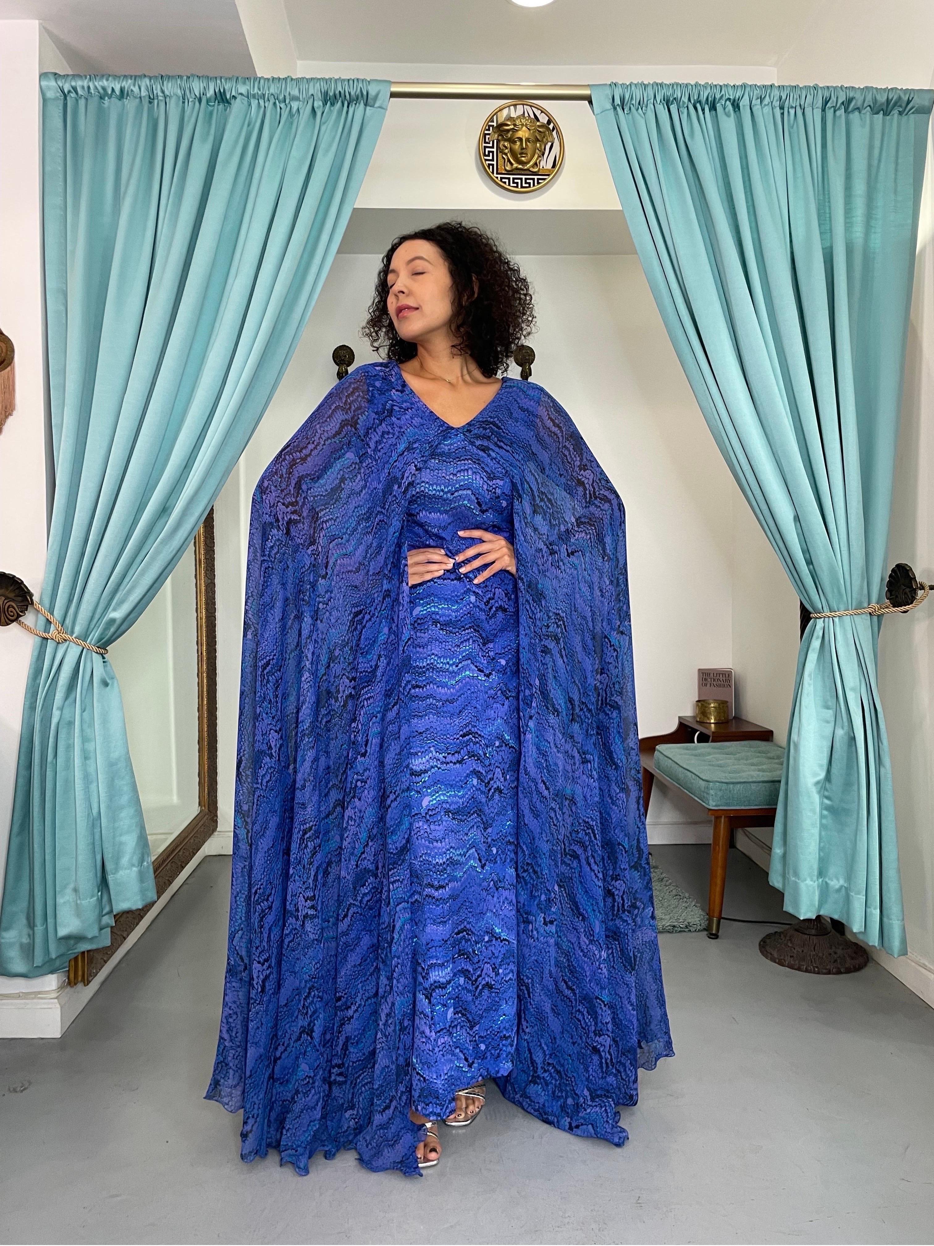 Vintage 1970's La Mendola Novelty Butterfly Print Blue Purple Silk Caftan Gown  For Sale 3