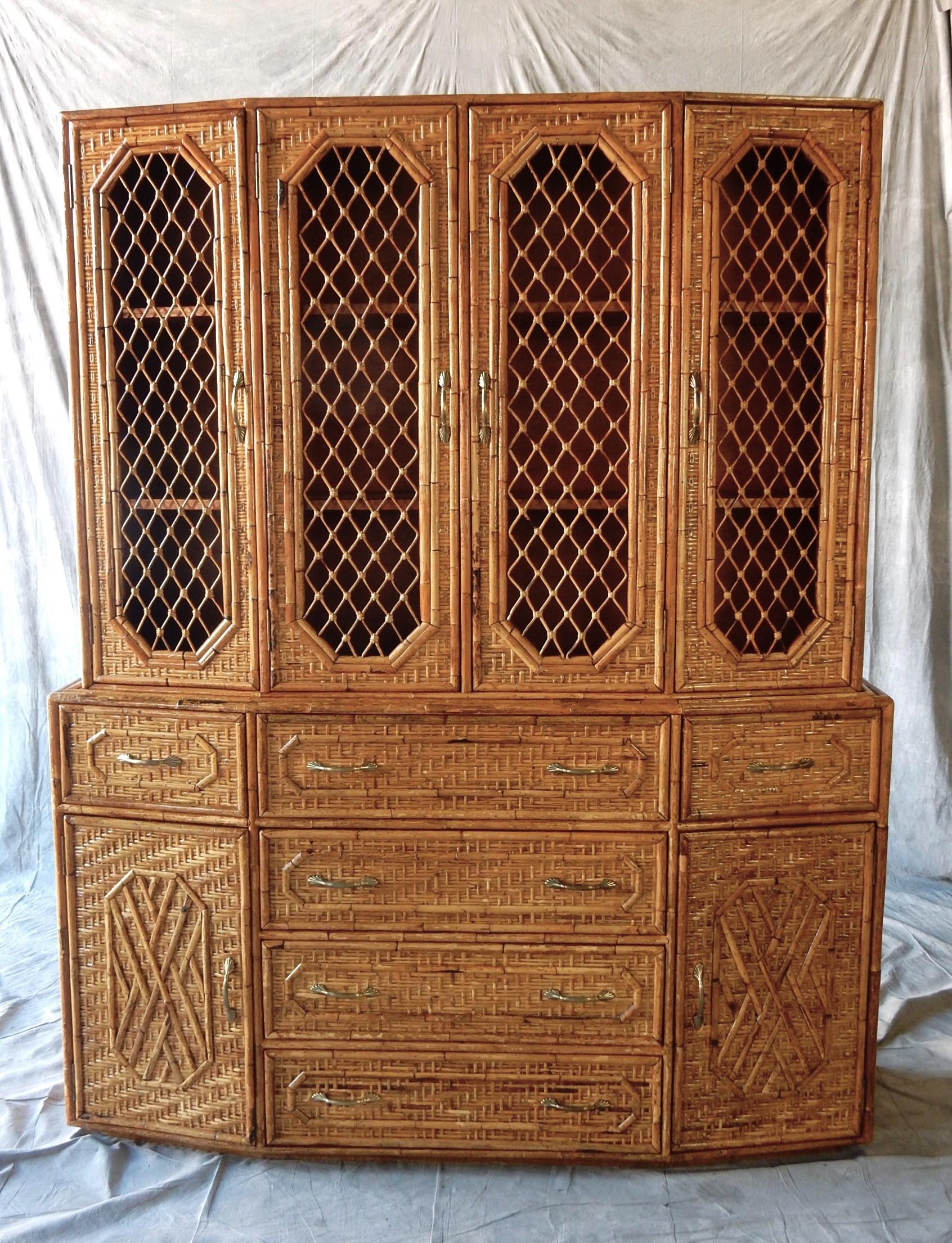 Vintage 1970's Lacquered Bamboo Cane Sideboard Cabinet   For Sale 7