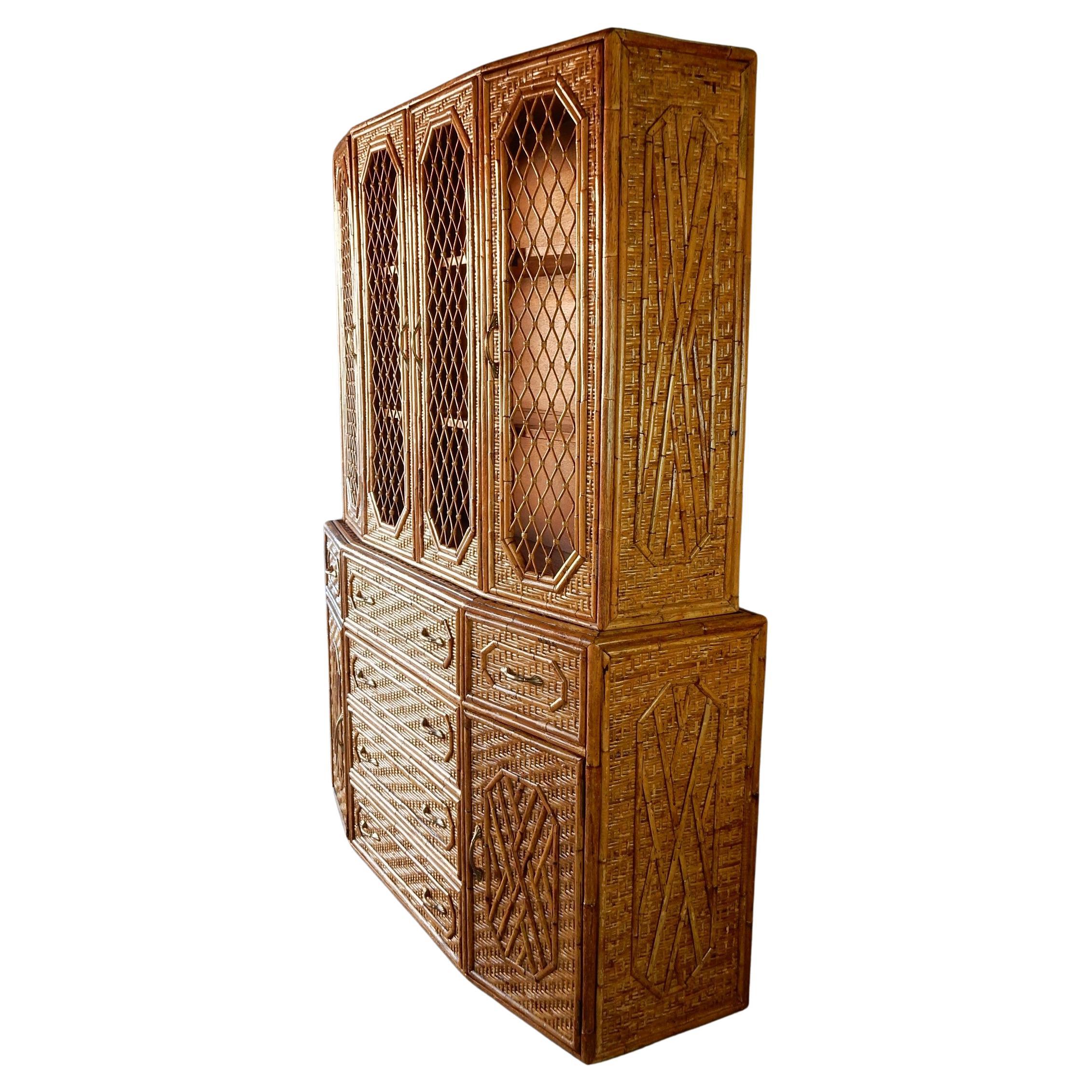 A exceptional multipurpose cabinet, circa 1970s. Top has 4 large woven cane 