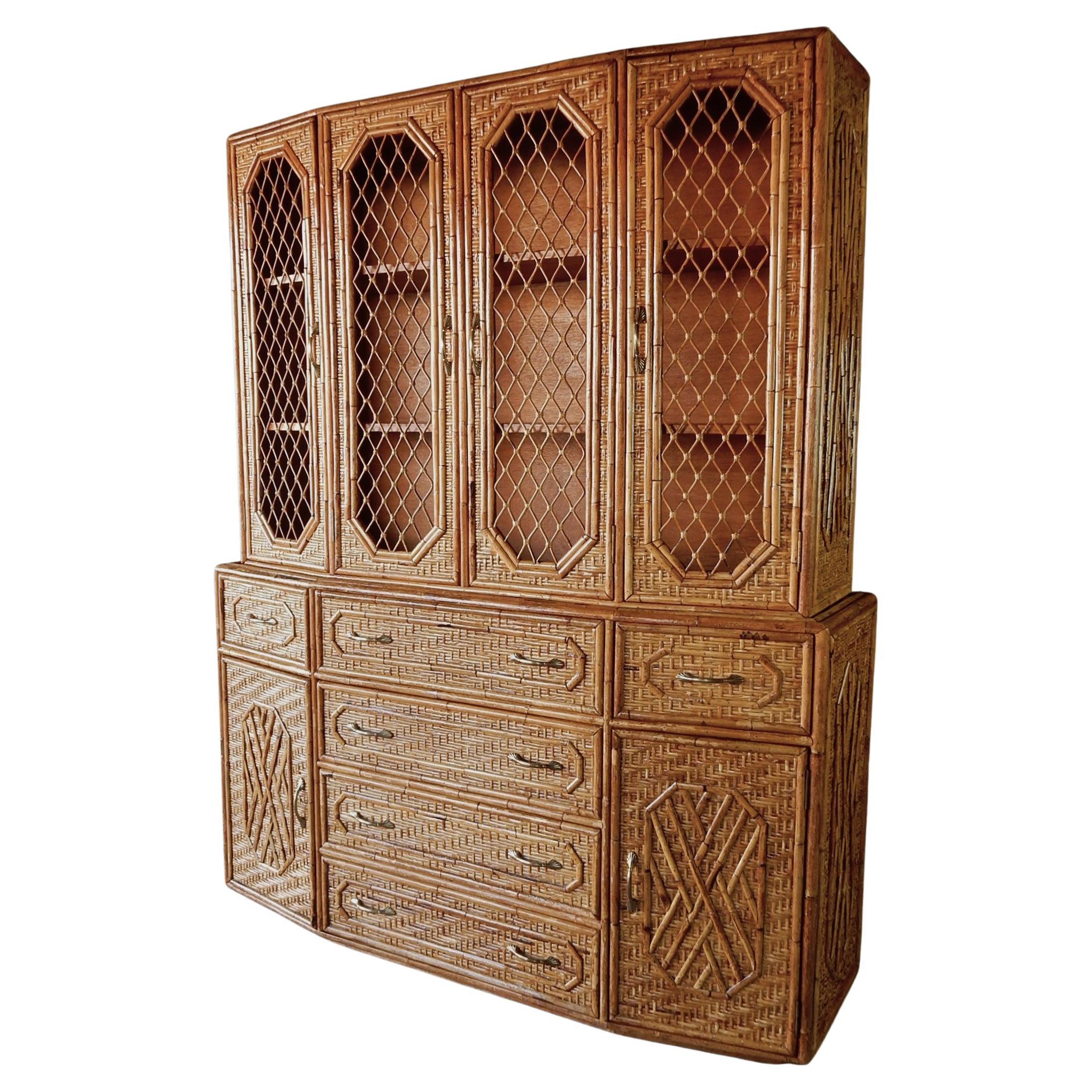 Vintage 1970's Lacquered Bamboo Cane Sideboard Cabinet   In Good Condition For Sale In Las Vegas, NV