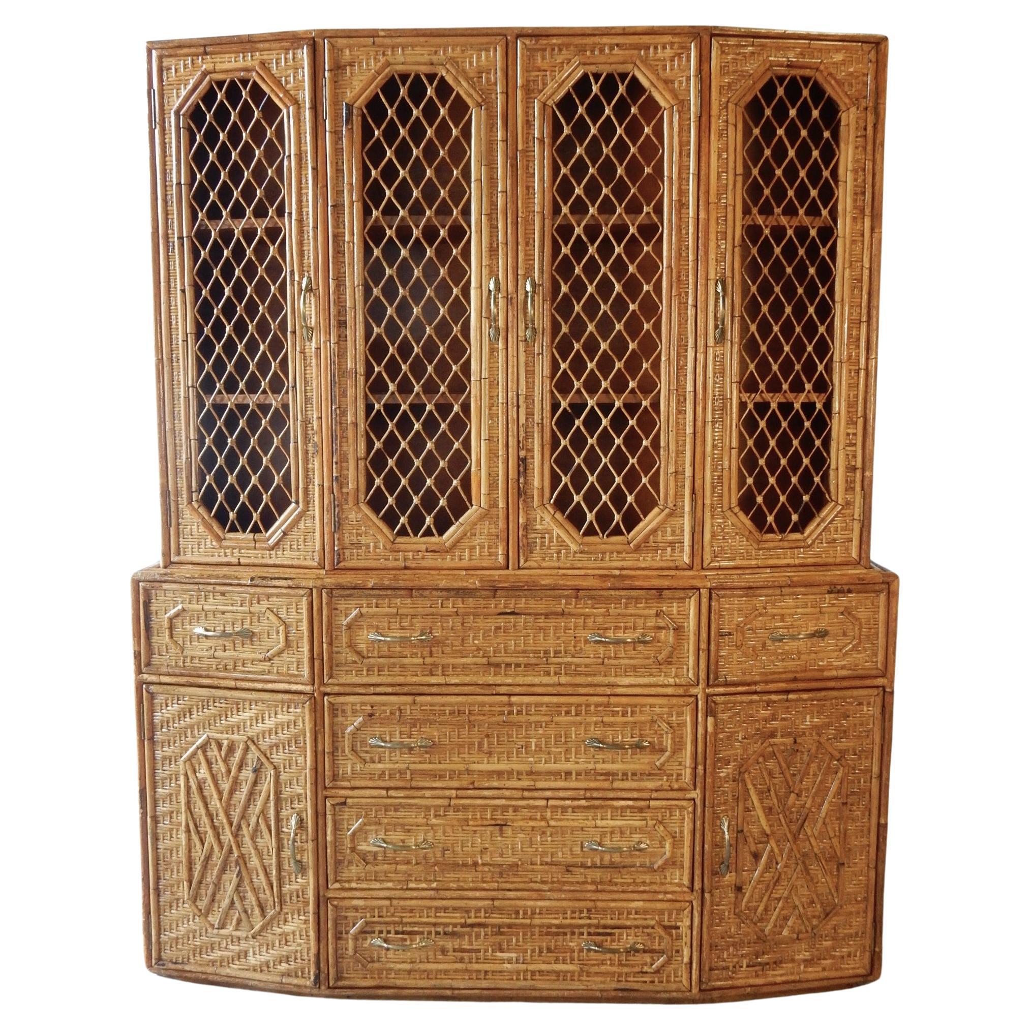 Vintage 1970's Lacquered Bamboo Cane Sideboard Cabinet   For Sale