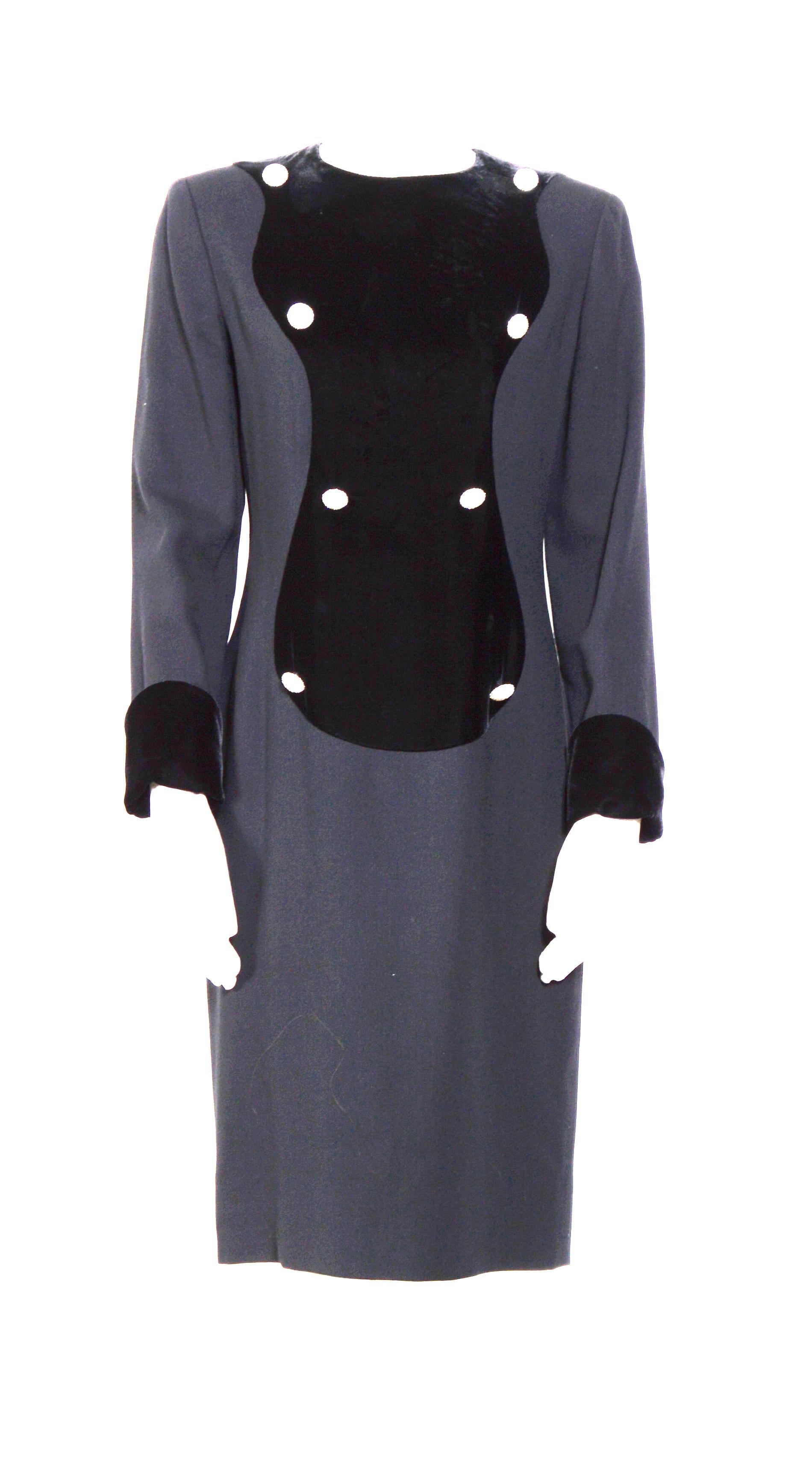 Black Vintage 1970s Lanvin black crepe/velvet and rhinestone buttons elegant dress For Sale