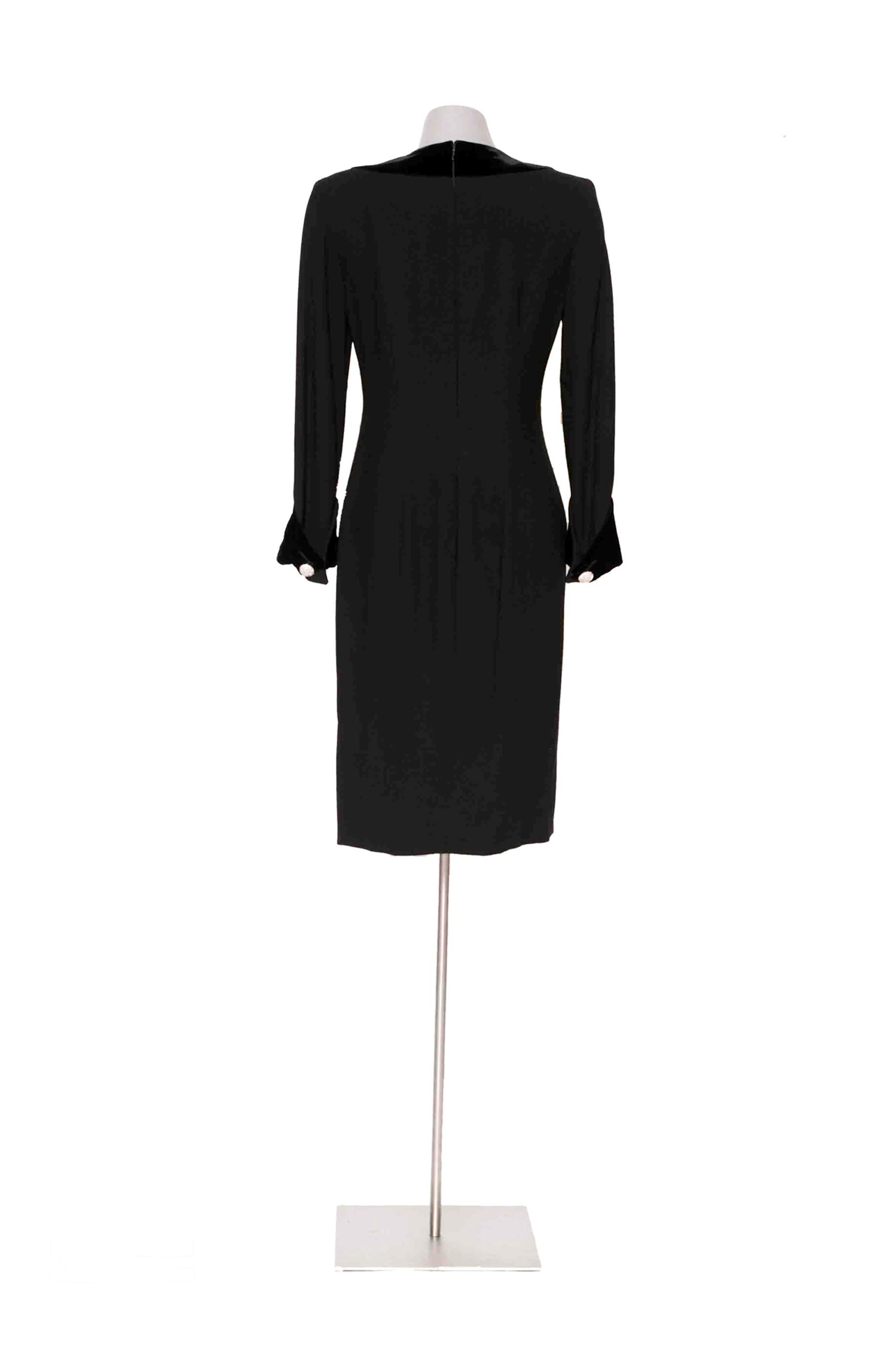 Women's Vintage 1970s Lanvin black crepe/velvet and rhinestone buttons elegant dress For Sale