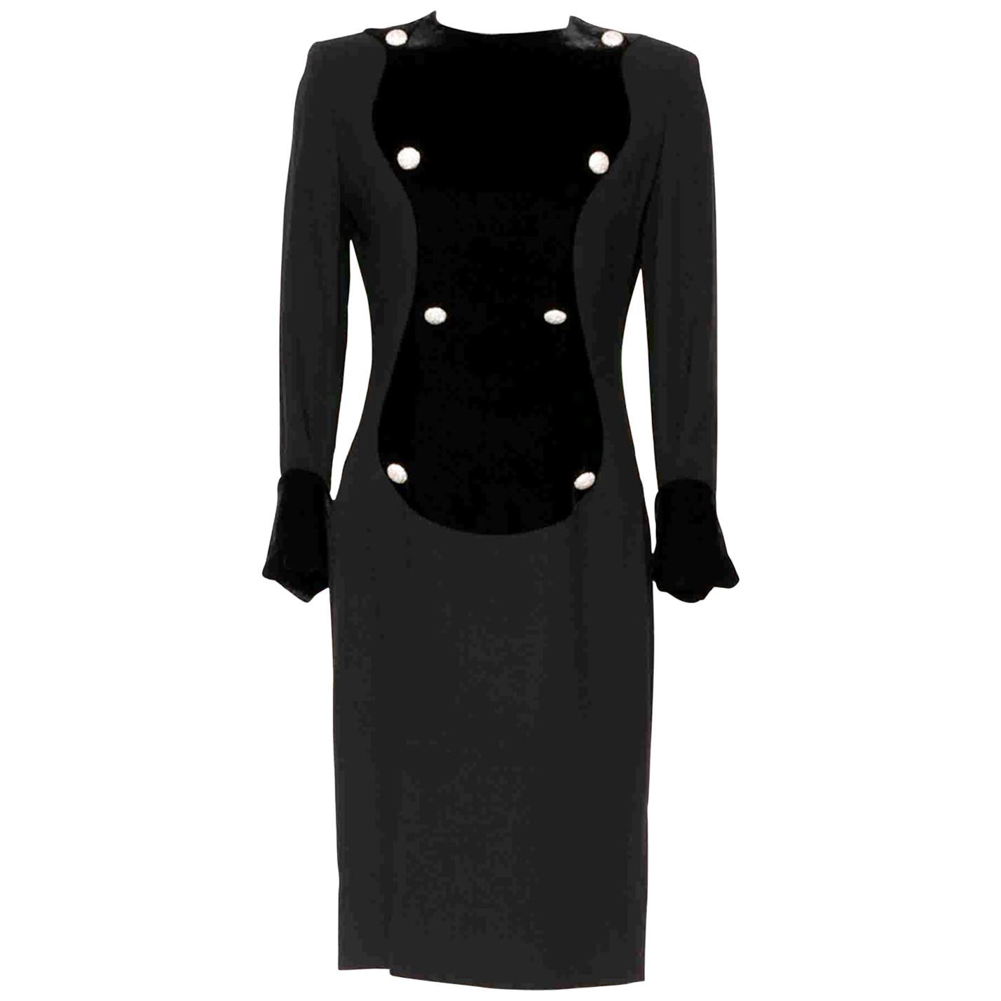 Vintage 1970s Lanvin black crepe/velvet and rhinestone buttons elegant dress For Sale