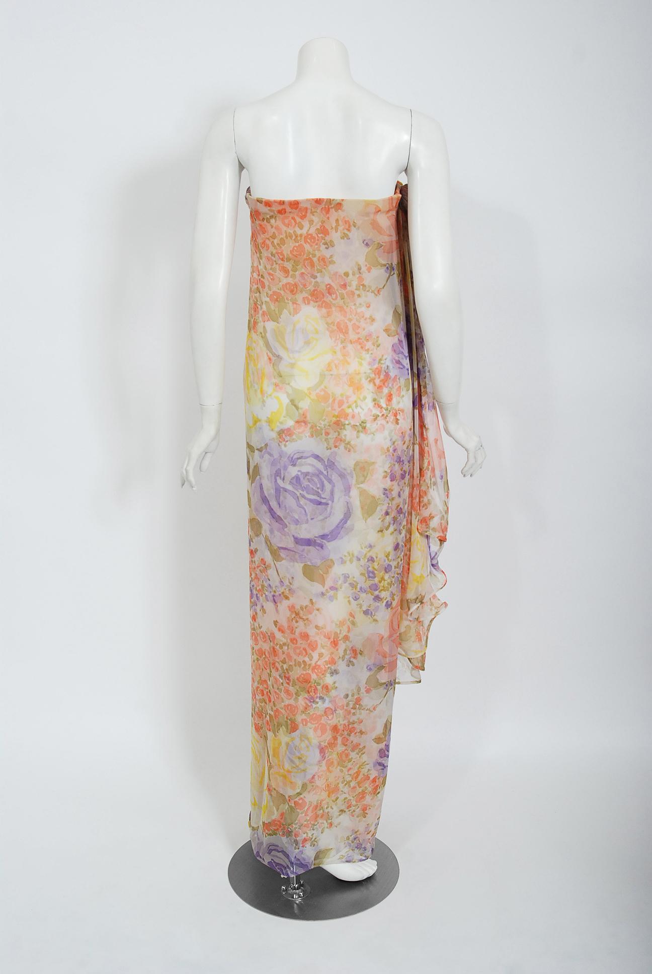 Vintage 1970's Lanvin Haute Couture Floral Print Chiffon Draped Strapless Gown 5