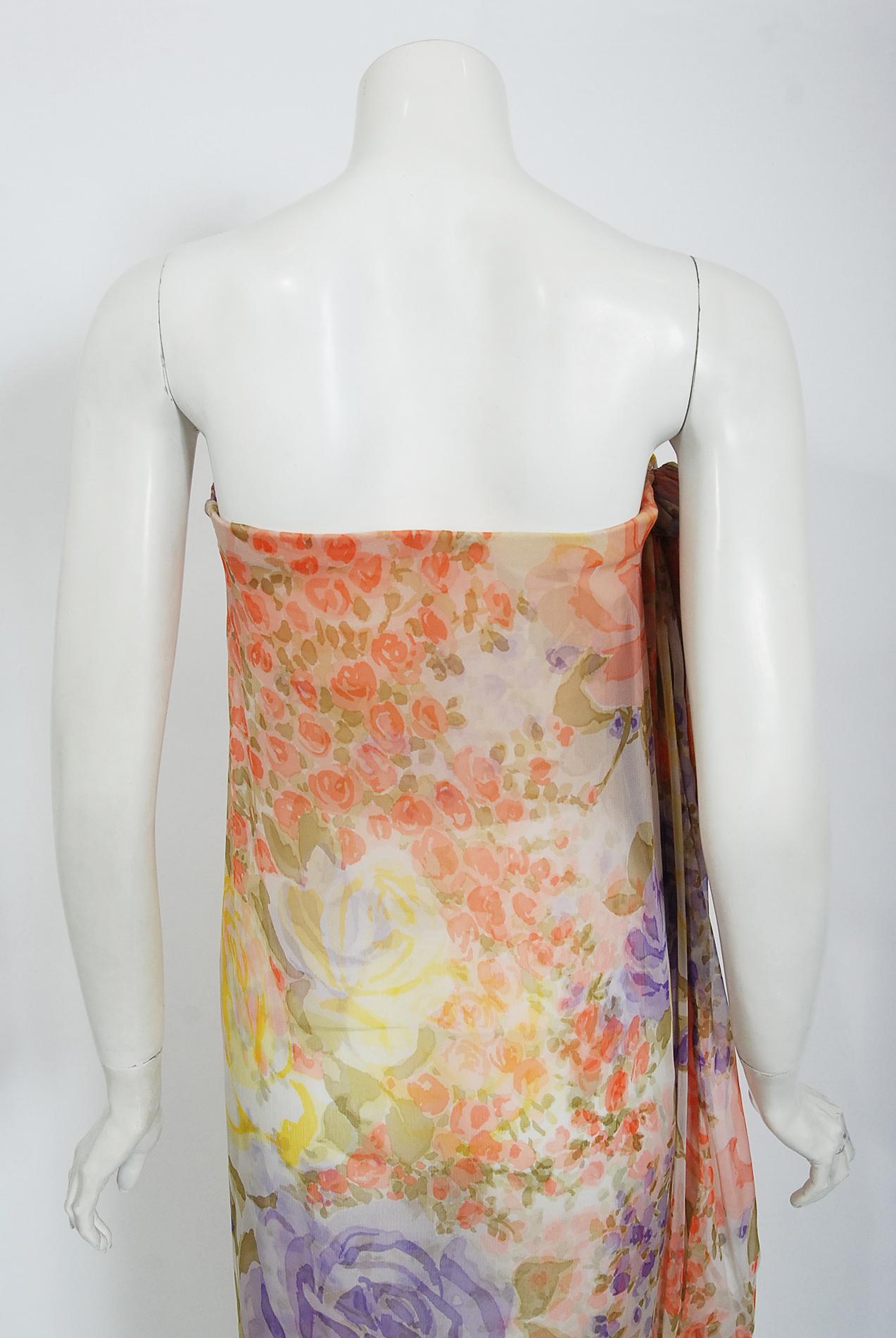 Vintage 1970's Lanvin Haute Couture Floral Print Chiffon Draped Strapless Gown 6