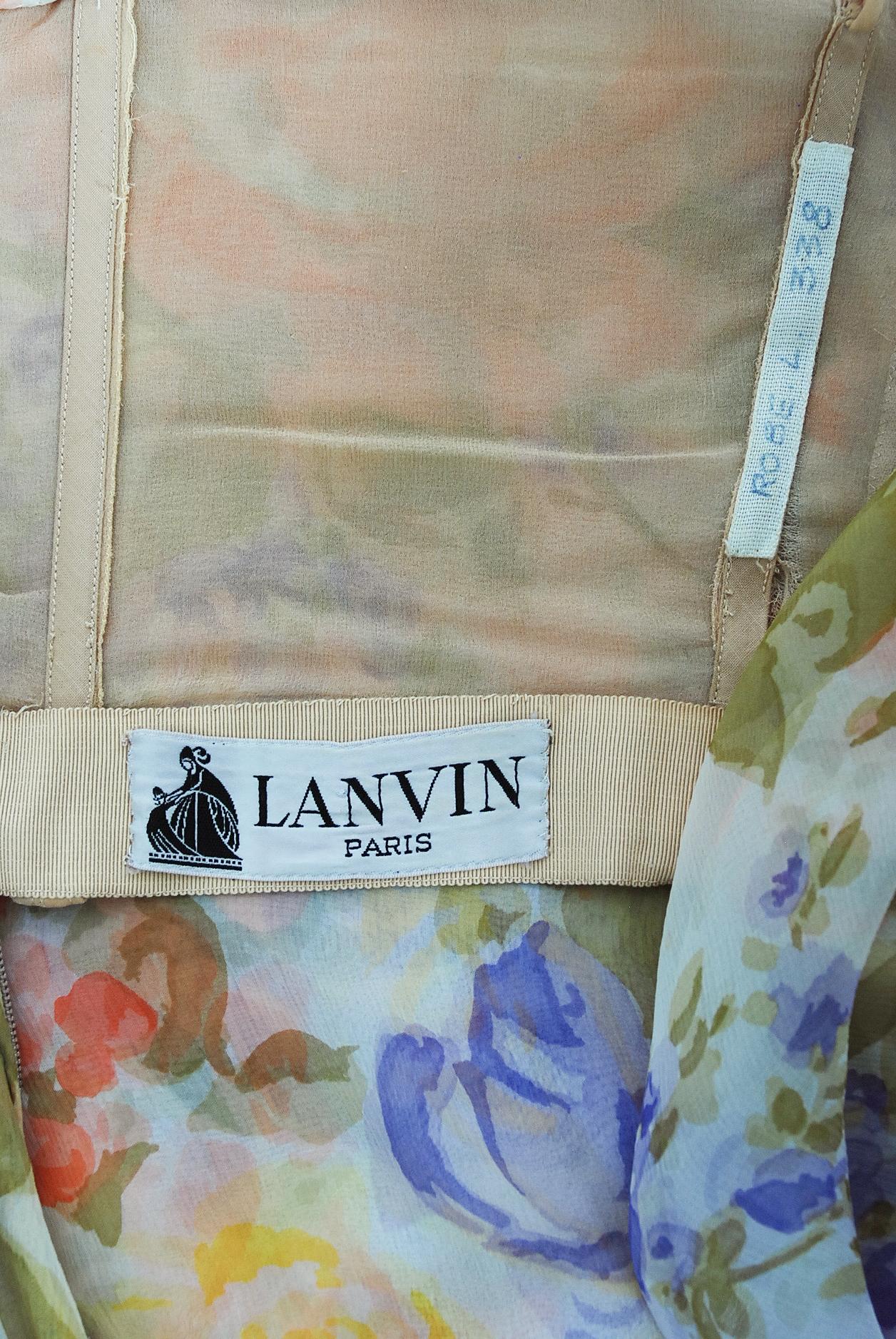 Vintage 1970's Lanvin Haute Couture Floral Print Chiffon Draped Strapless Gown 7