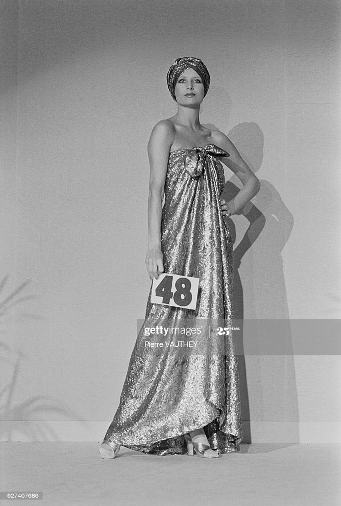 Vintage 1970's Lanvin Haute Couture Floral Print Chiffon Draped Strapless Gown 8