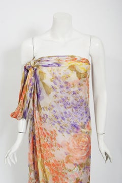 Vintage 1970's Lanvin Haute Couture Floral Print Chiffon Draped Strapless Gown