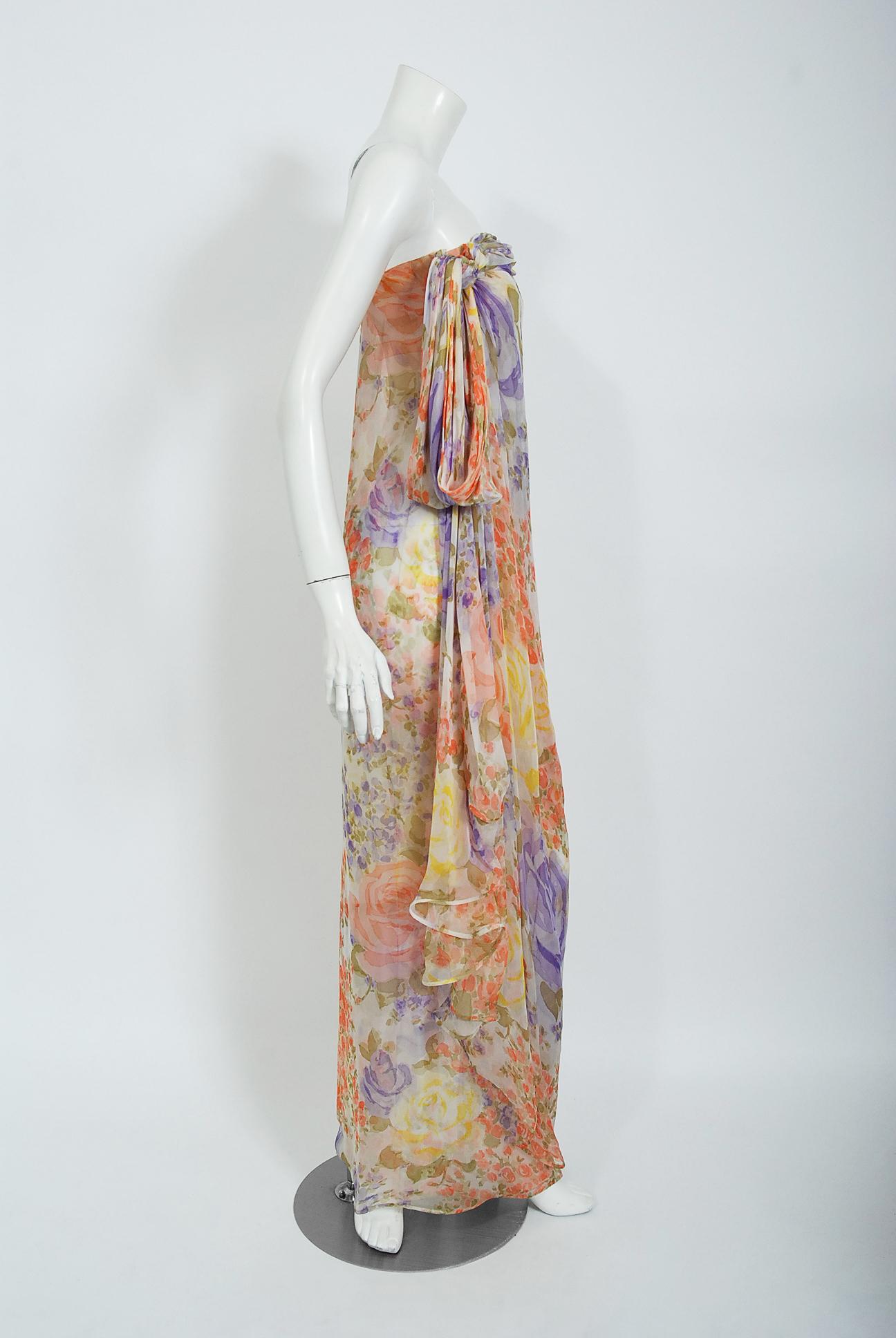 Women's Vintage 1970's Lanvin Haute Couture Floral Print Chiffon Draped Strapless Gown