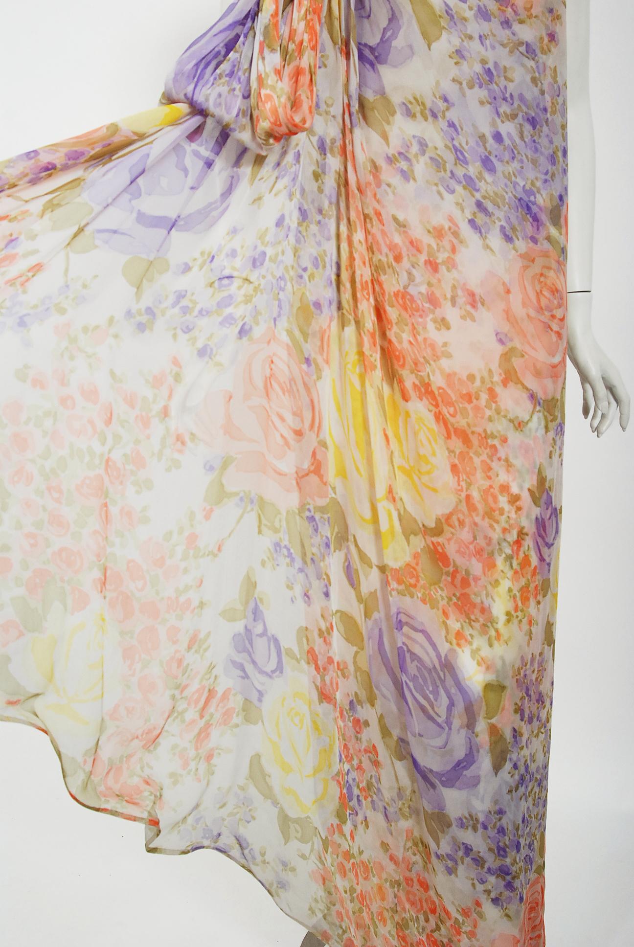 Vintage 1970's Lanvin Haute Couture Floral Print Chiffon Draped Strapless Gown 1
