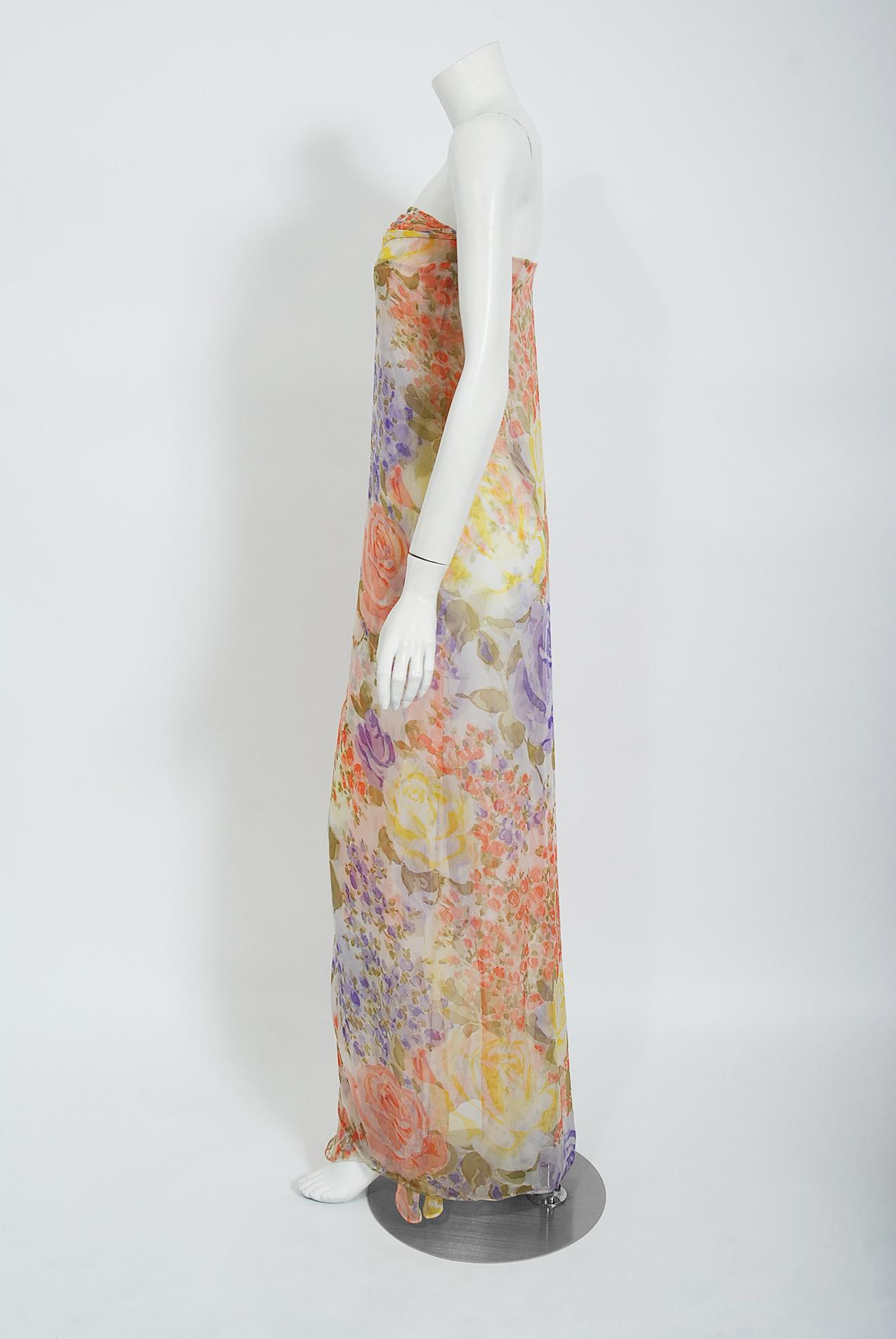 Vintage 1970's Lanvin Haute Couture Floral Print Chiffon Draped Strapless Gown 2