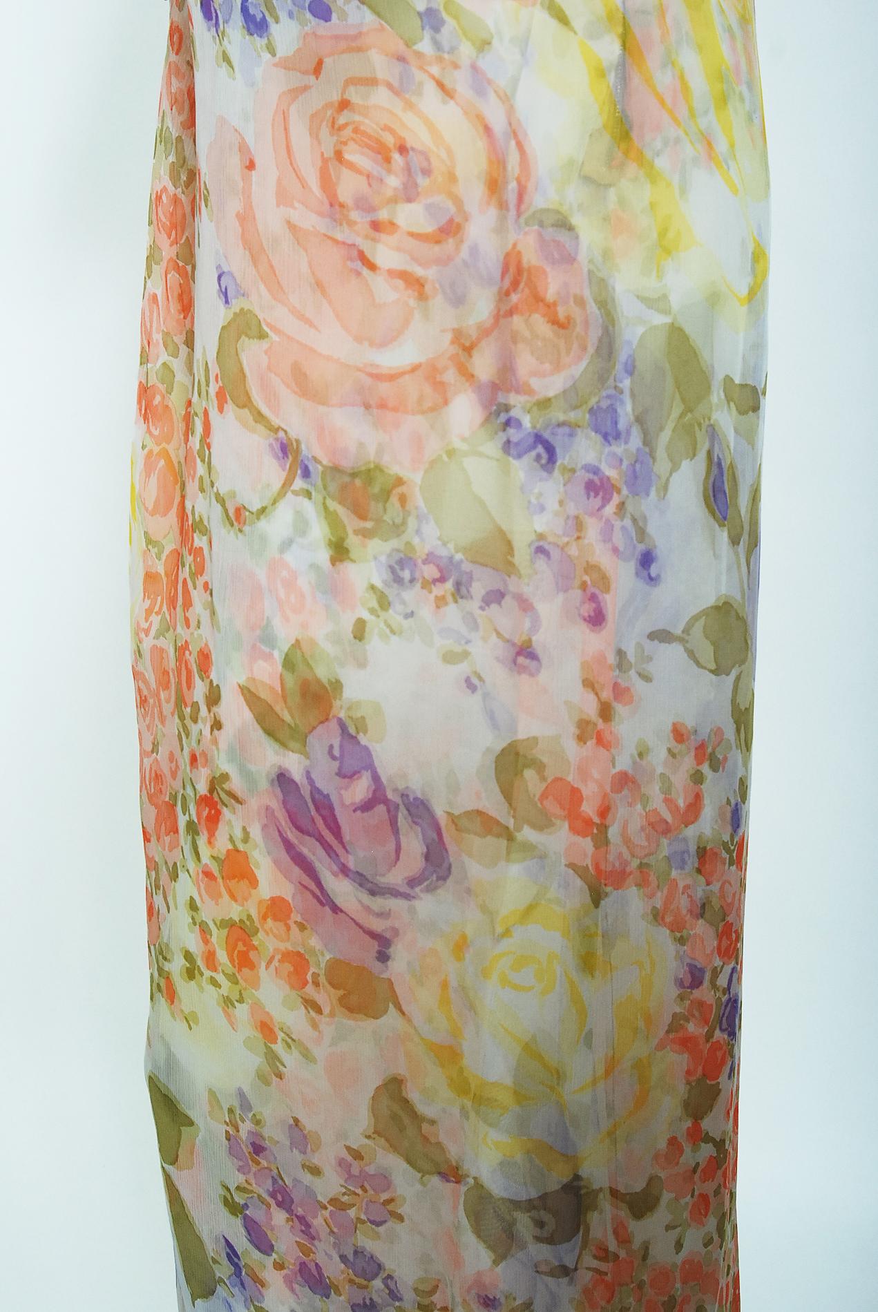 Vintage 1970's Lanvin Haute Couture Floral Print Chiffon Draped Strapless Gown 3