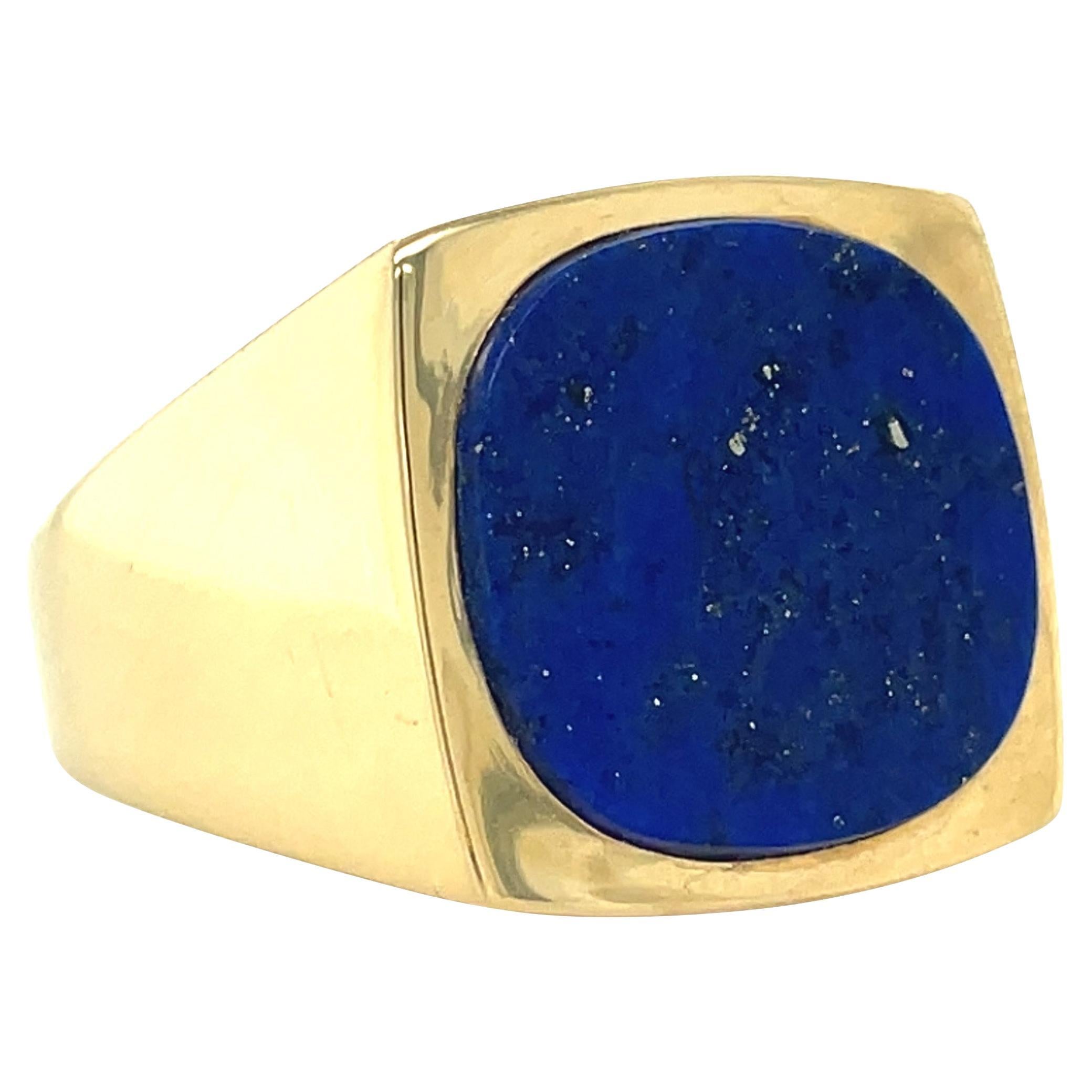 Vintage 1970s Lapis Signet Ring, Statement Gemstone Jewelry 18k Gold, Size 9.5