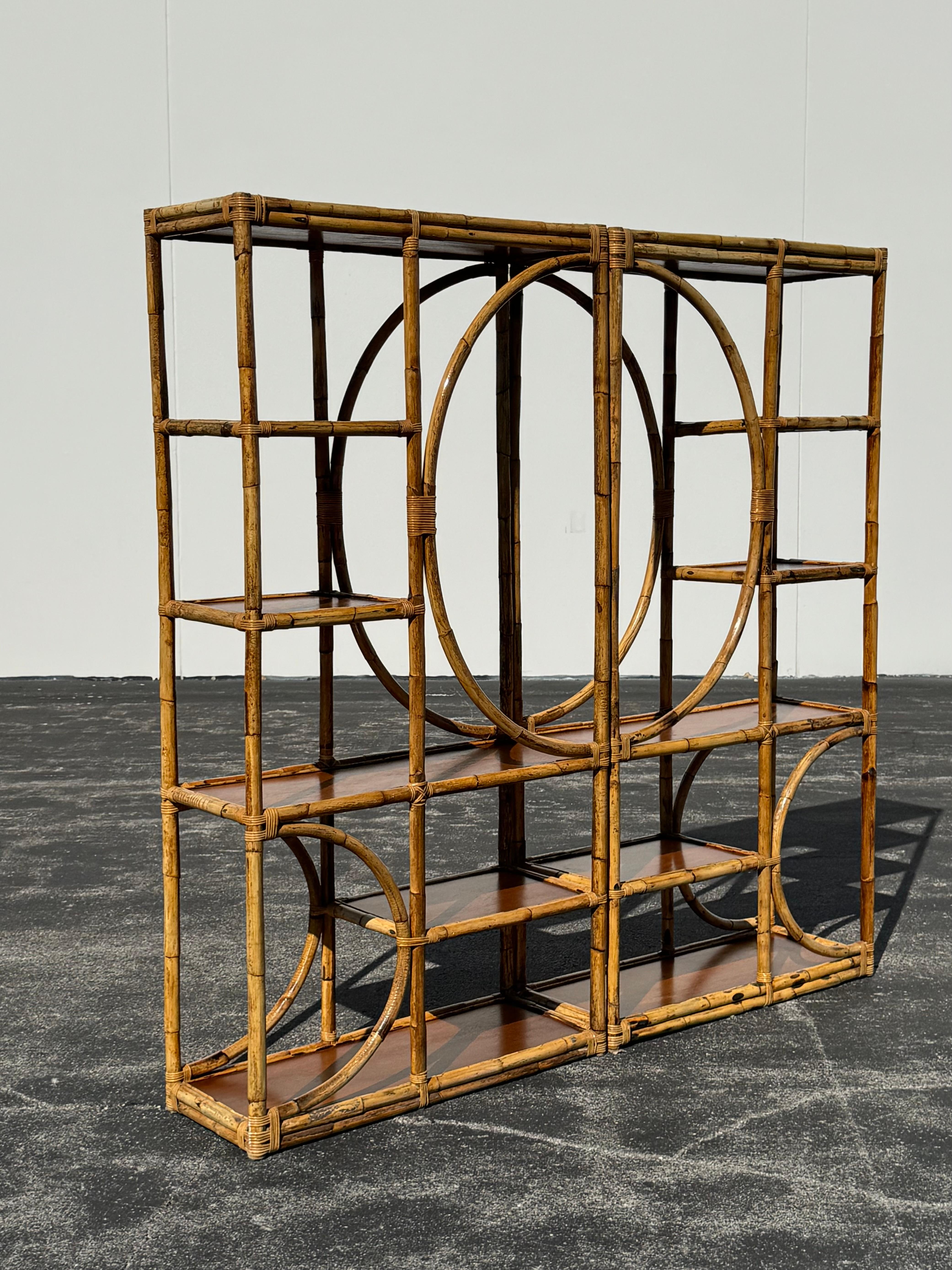 Vintage 1970s Large 2 Piece Hollywood Regency Bamboo Étagère with Wood Shelves im Angebot 4