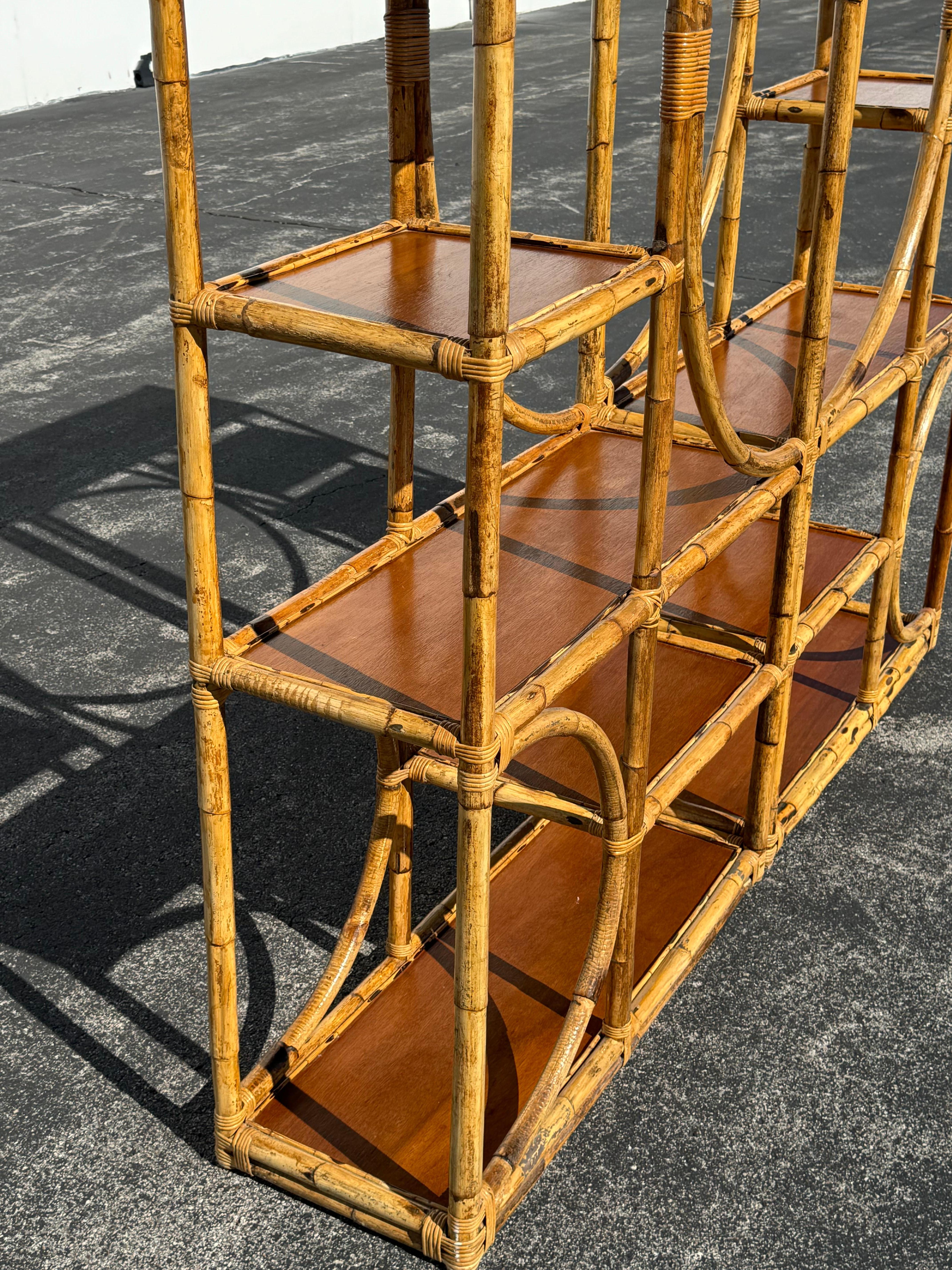 Vintage 1970s Large 2 Piece Hollywood Regency Bamboo Étagère with Wood Shelves im Angebot 5