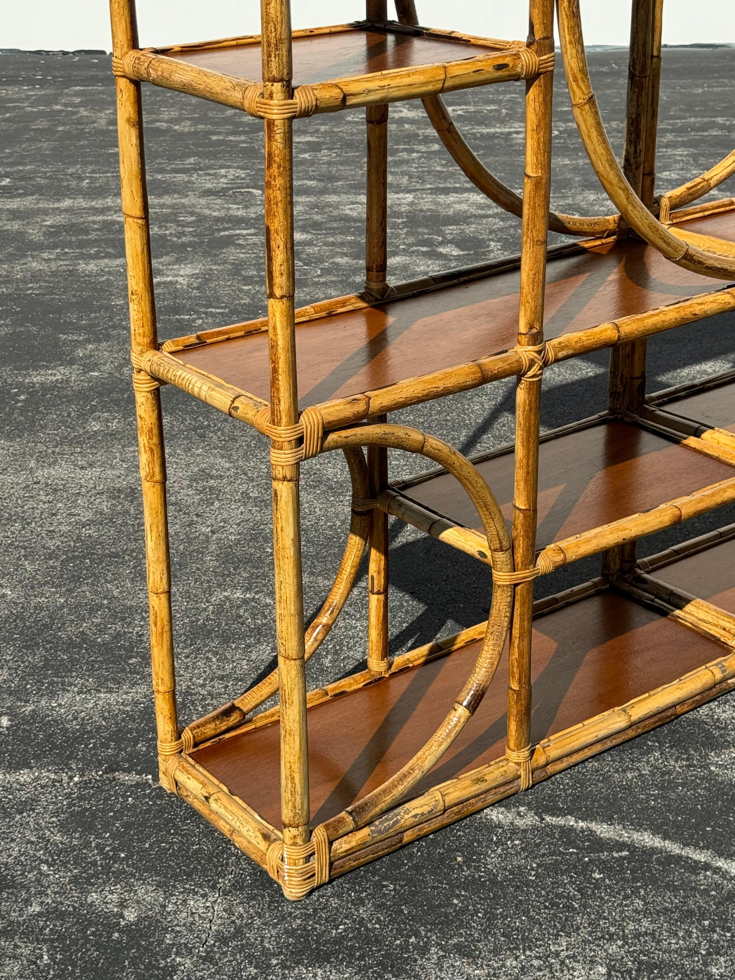 Vintage 1970s Large 2 Piece Hollywood Regency Bamboo Étagère with Wood Shelves im Angebot 7