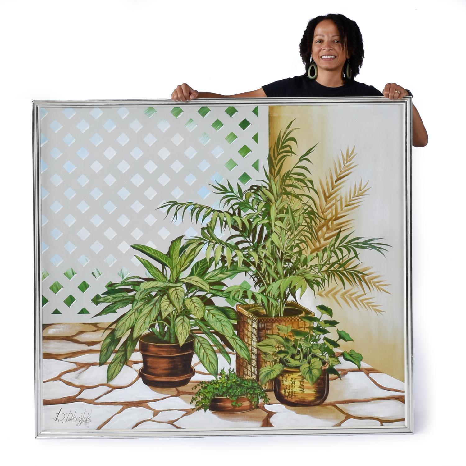 Large scale vintage 1970s painting of house plants. The oil painting is beautifully detailed with rich tones of green enlivening the plant foliage. The baskets themselves are meticulously rendered with special detail to the strands of weaving. Light