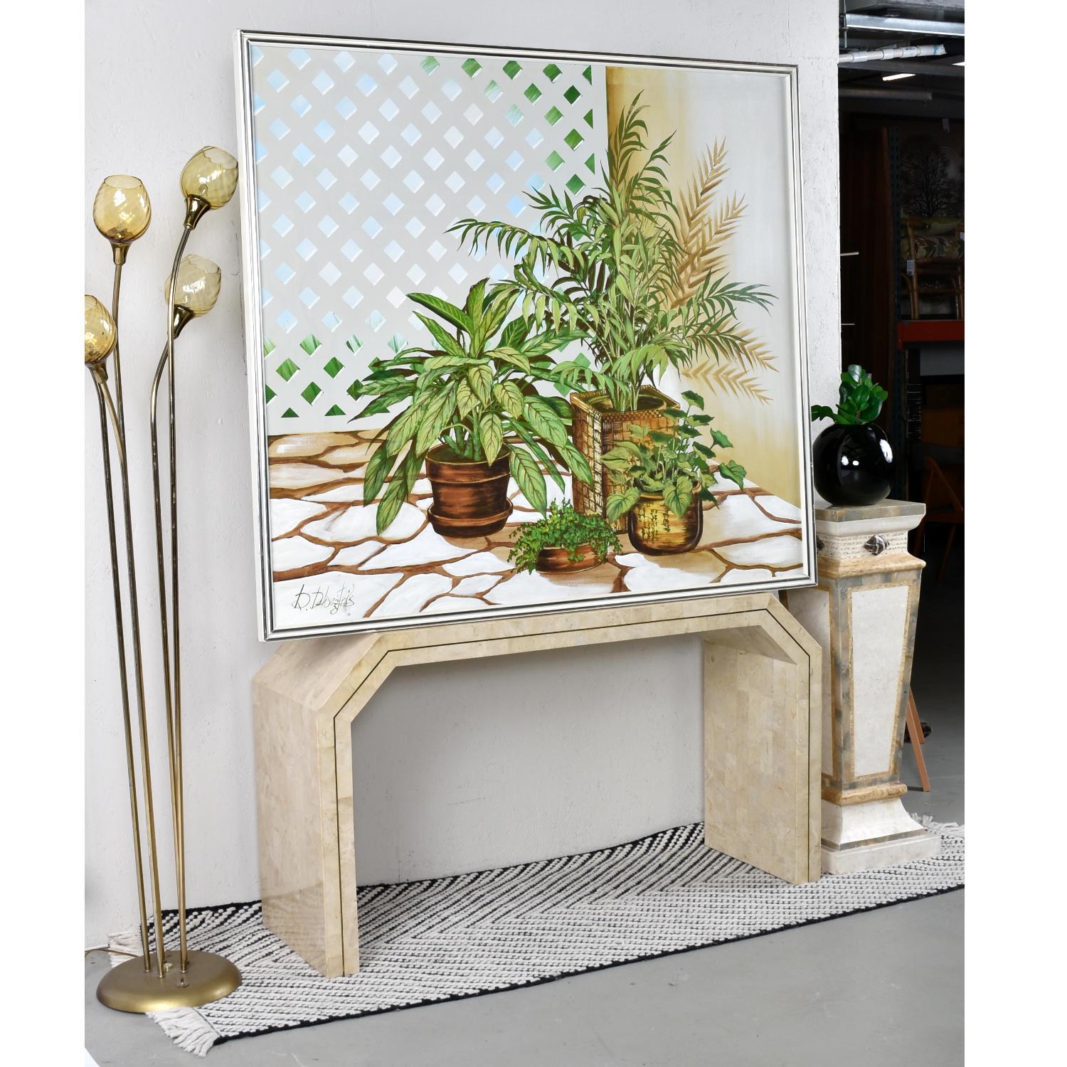 Organic Modern Vintage 1970s Large Green and White House Plant Painting by DeLongprie For Sale