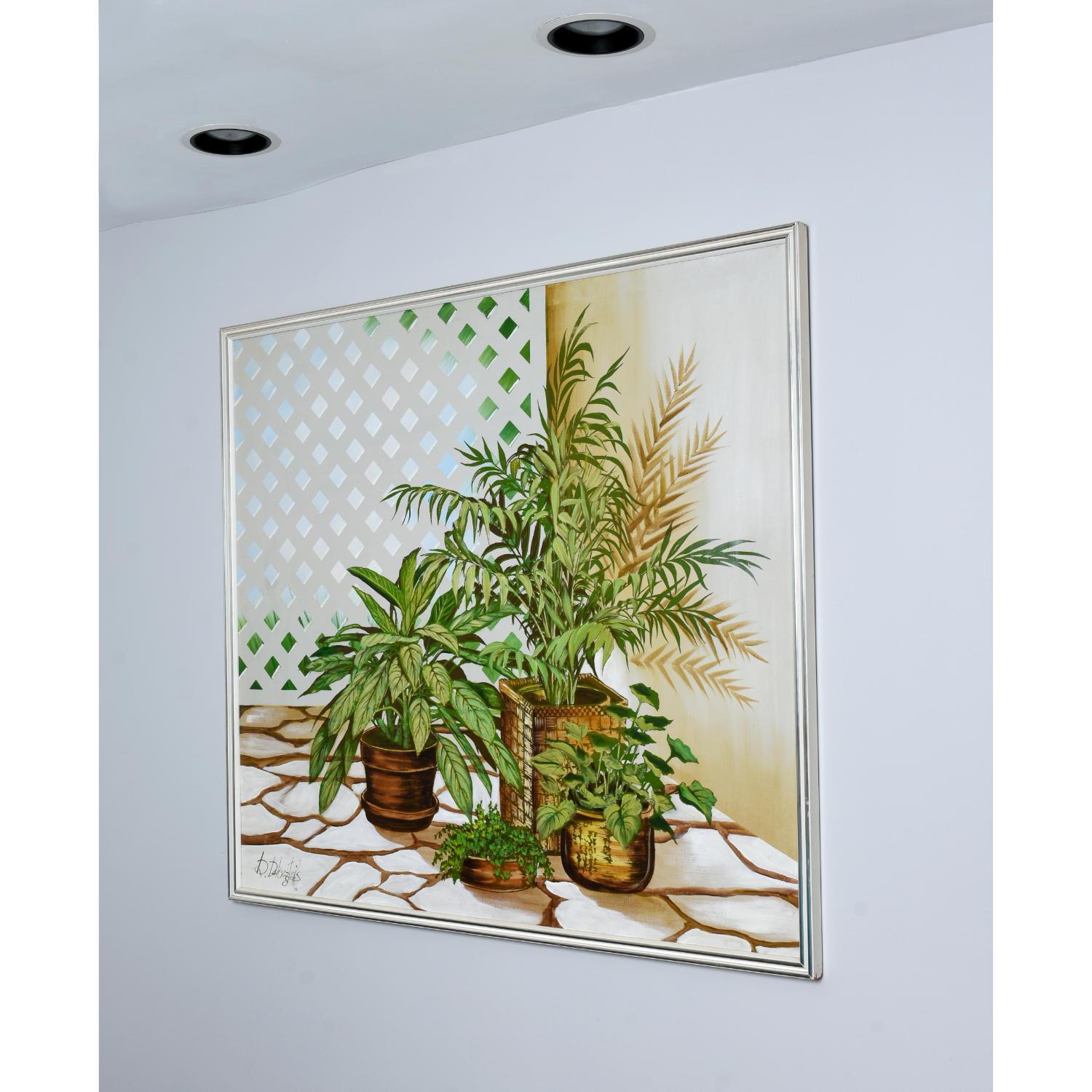 American Vintage 1970s Large Green and White House Plant Painting by DeLongprie For Sale