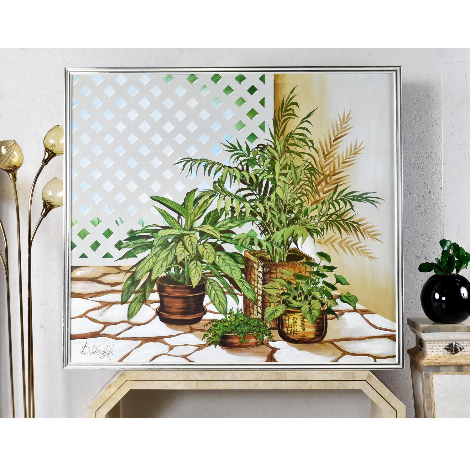 Oiled Vintage 1970s Large Green and White House Plant Painting by DeLongprie For Sale