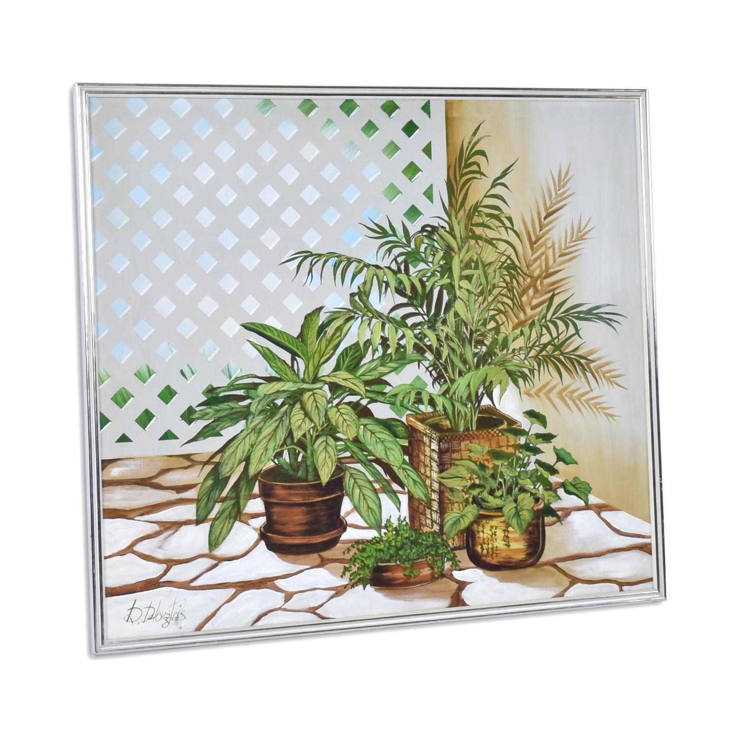 Vintage 1970s Large Green and White House Plant Painting by DeLongprie In Excellent Condition For Sale In Chattanooga, TN