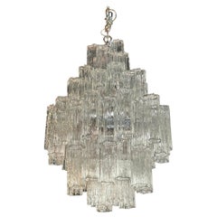Vintage 1970s Large Murano Tronchi Venini Glass Chrome 5 Tier Chandelier