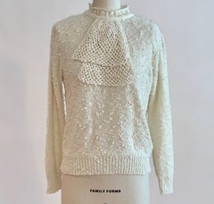 Vintage 1970s Le Roy Knitwear Cream Nubby Open Knit Sweater with Jabot Collar
