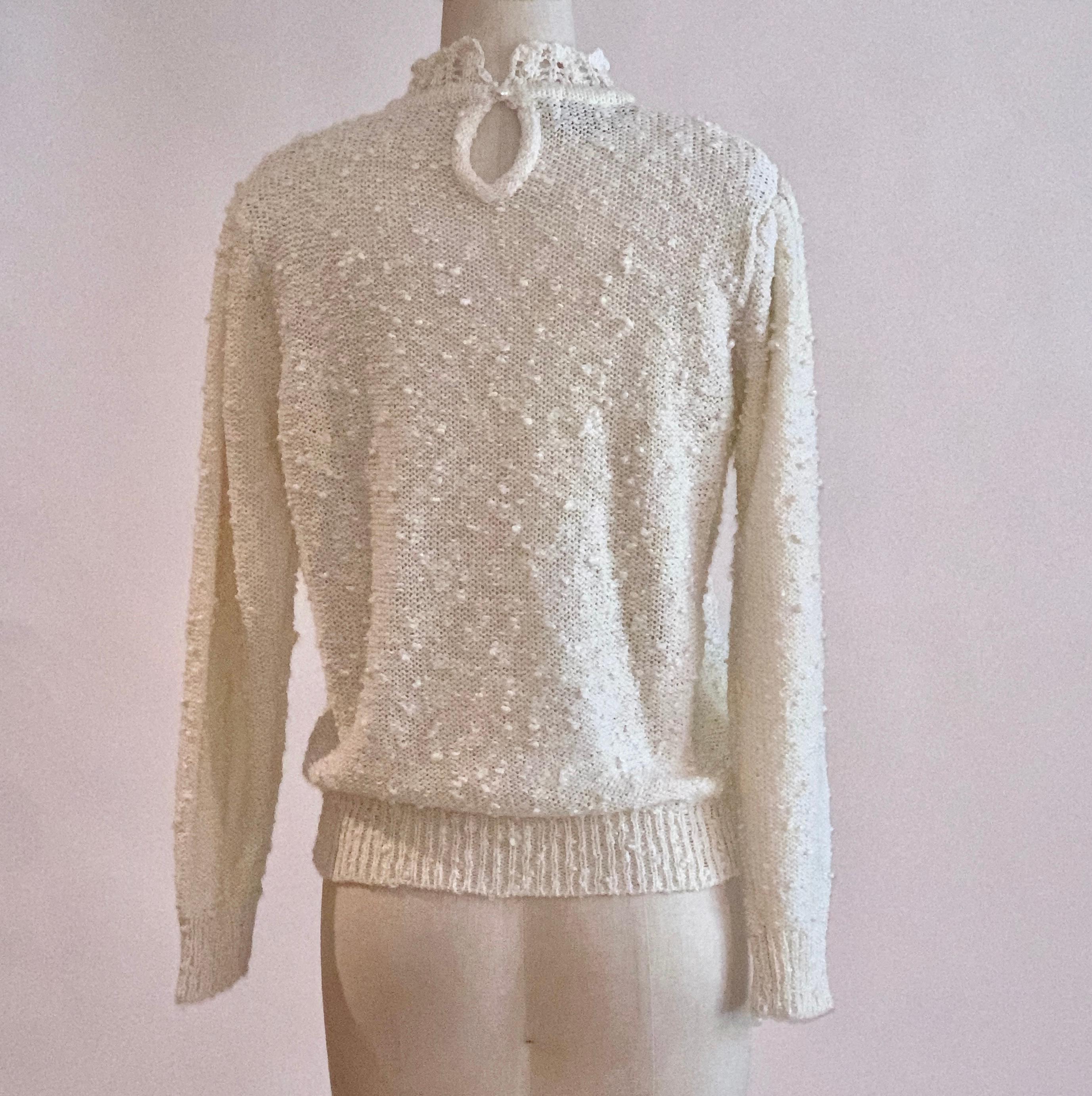 Vintage 1970s Le Roy Knitwear Cream Nubby Open Knit Sweater 