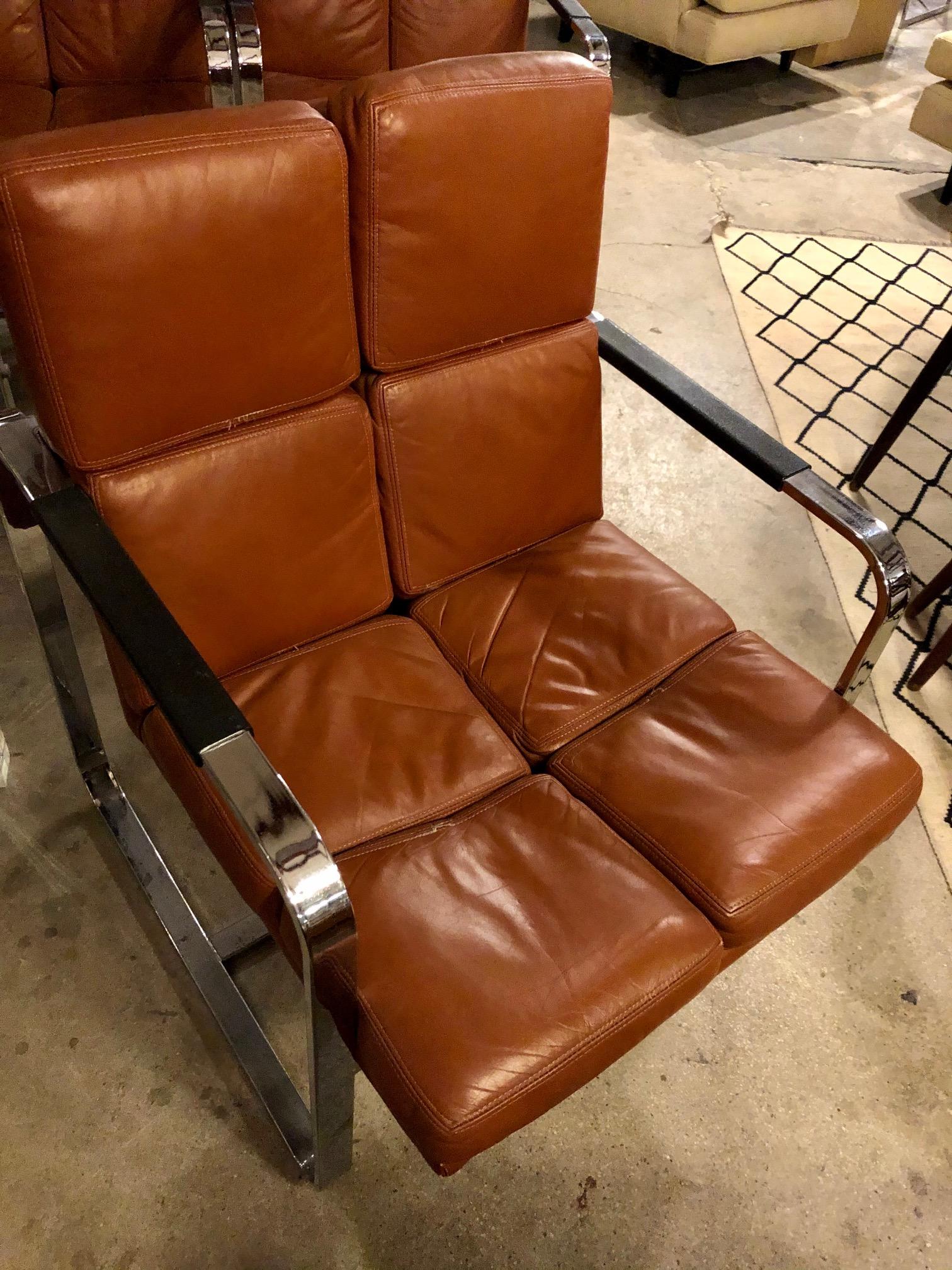 These vintage armchairs by Milo Baughman for Thayer Coggin are in overall good condition. Original leather. Chrome frame. Minor wear consistent with age and use (see photos). Sold individually. Shipping cost is per item,
circa 1970s,