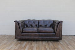 Vintage 1970s Leather Chesterfield Loveseat Sofa  Tufted Brown Leather Couch
