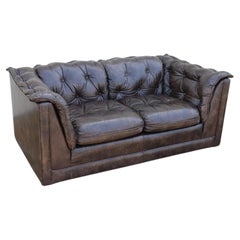 Vintage 1970s Leather Chesterfield Loveseat Sofa  Tufted Brown Leather Couch