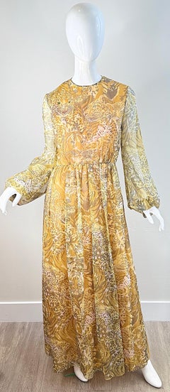 Vintage 1970s Leopard Print Chiffon Maxi Dress Jeweled Safari Gown Goddess Chic