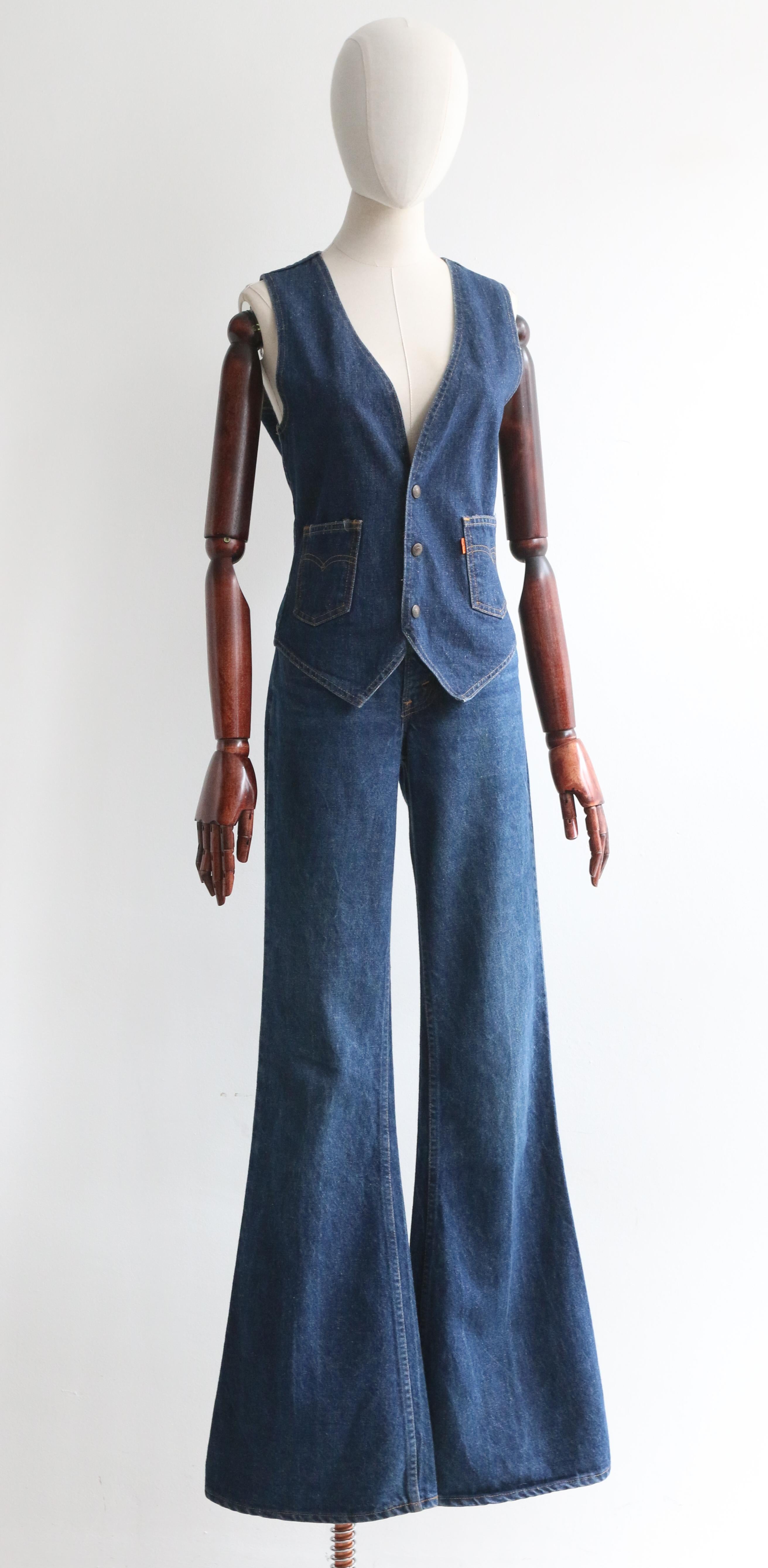 Vintage 1970's Levi's Orange Tab High Rise Flare Jeans And Matching Waistcoat In Good Condition In Cheltenham, GB