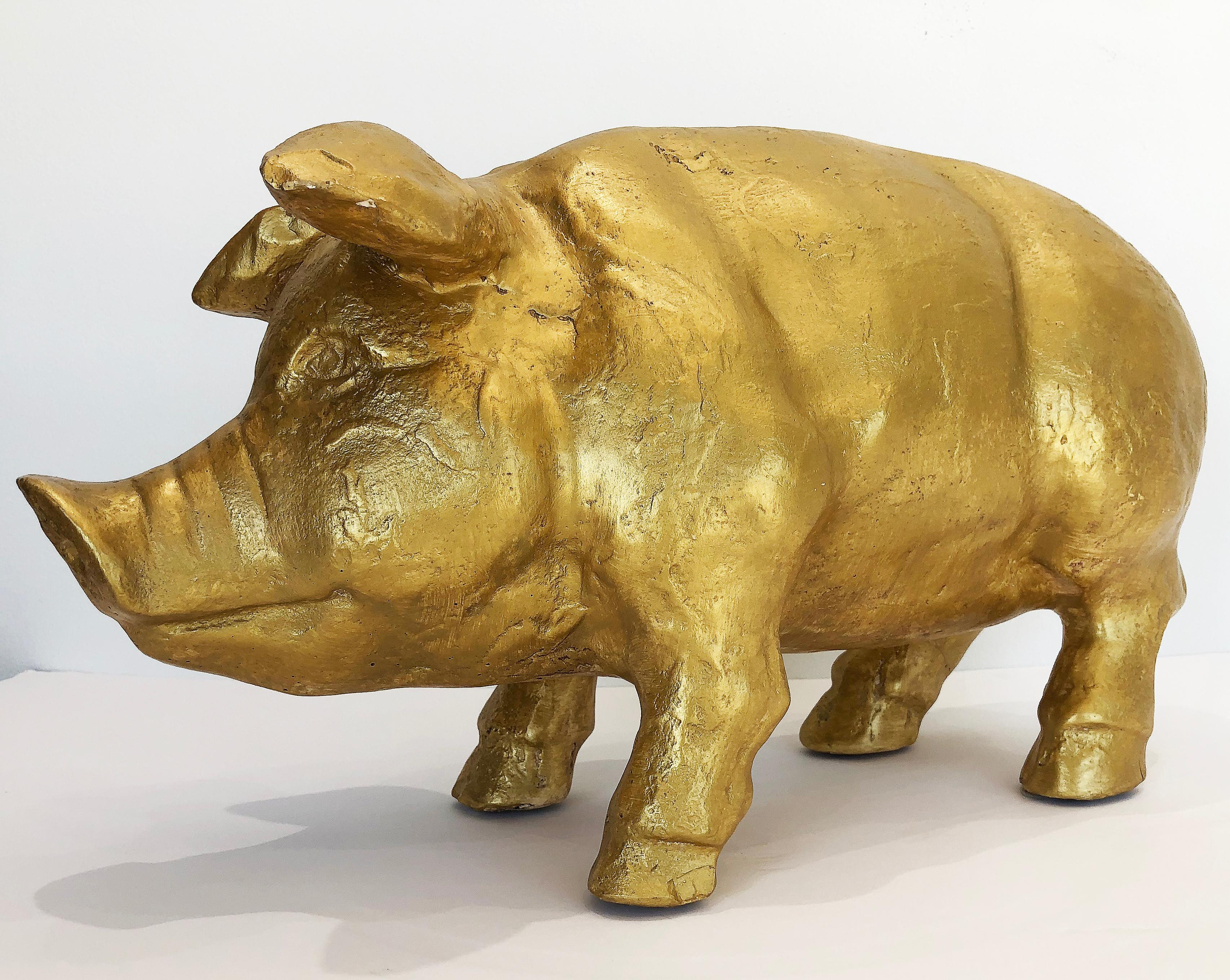 Vintage 1970s LifeSize GiltPlaster Pig Sculpture For Sale at 1stDibs