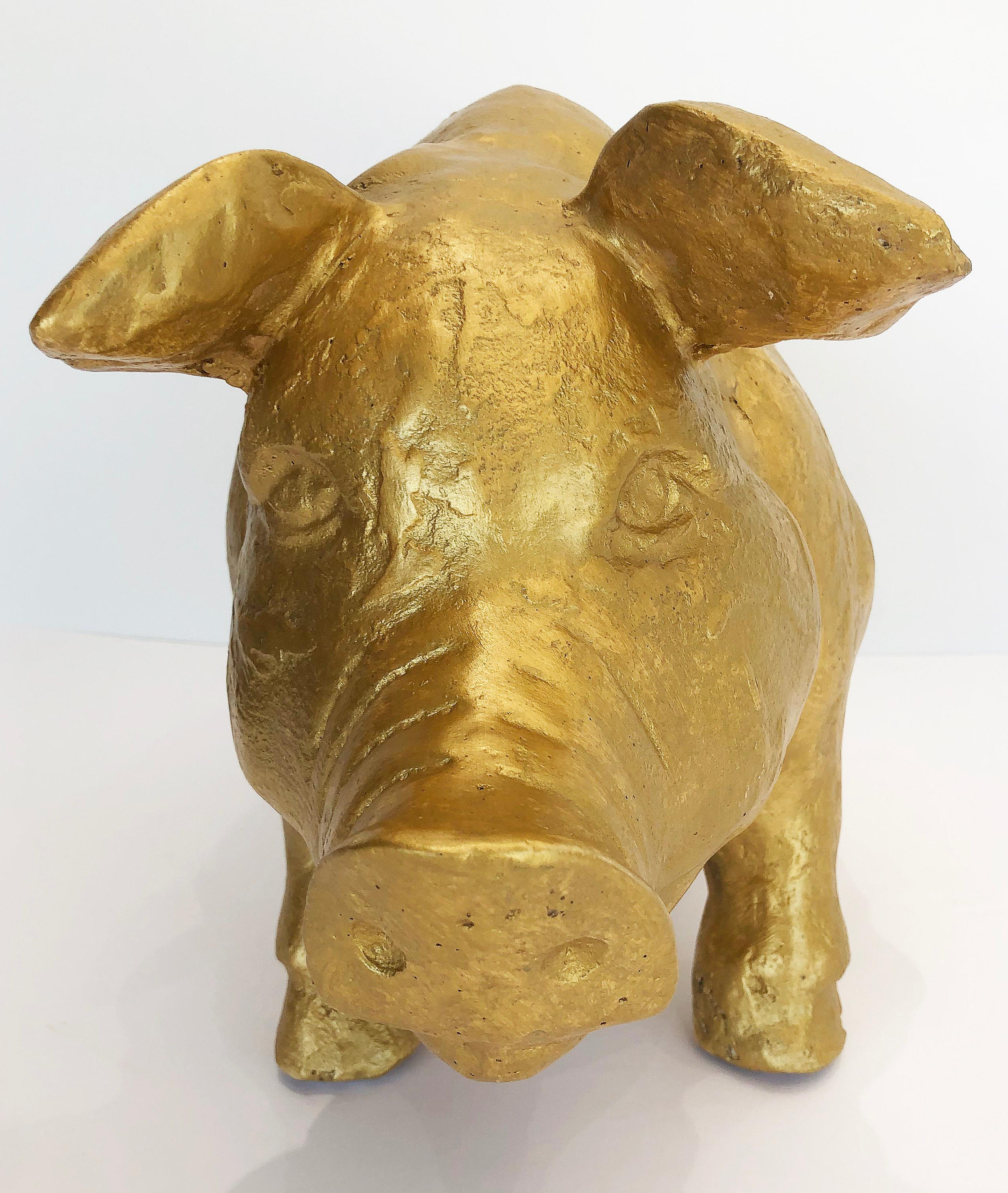 Vintage 1970s LifeSize GiltPlaster Pig Sculpture For Sale at 1stDibs