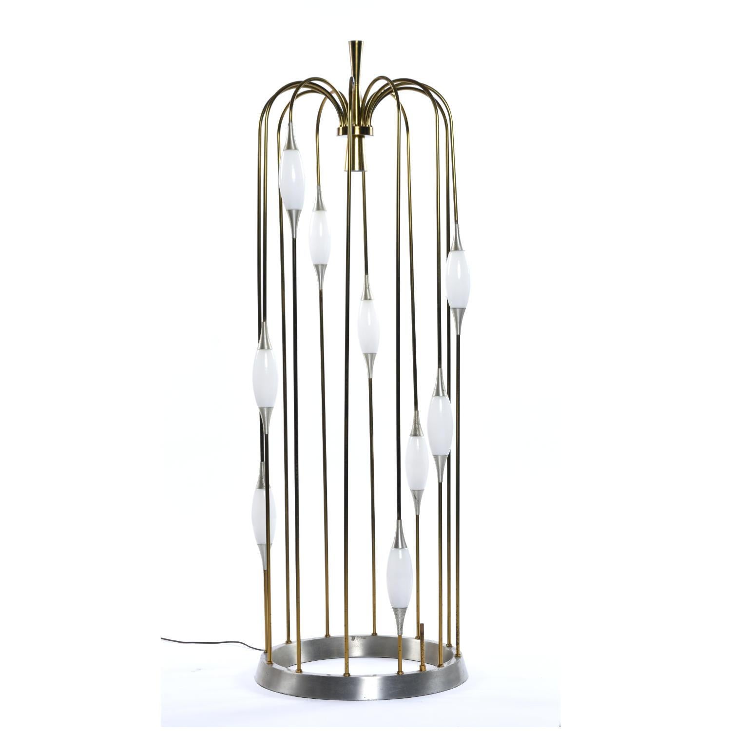 Hollywood Regency Vintage 1970s Lightolier Brass Waterfall Cage Lamp with White Glass Diffusers