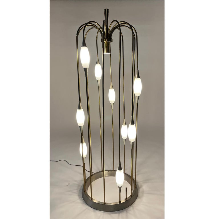 American Vintage 1970s Lightolier Brass Waterfall Cage Lamp with White Glass Diffusers For Sale