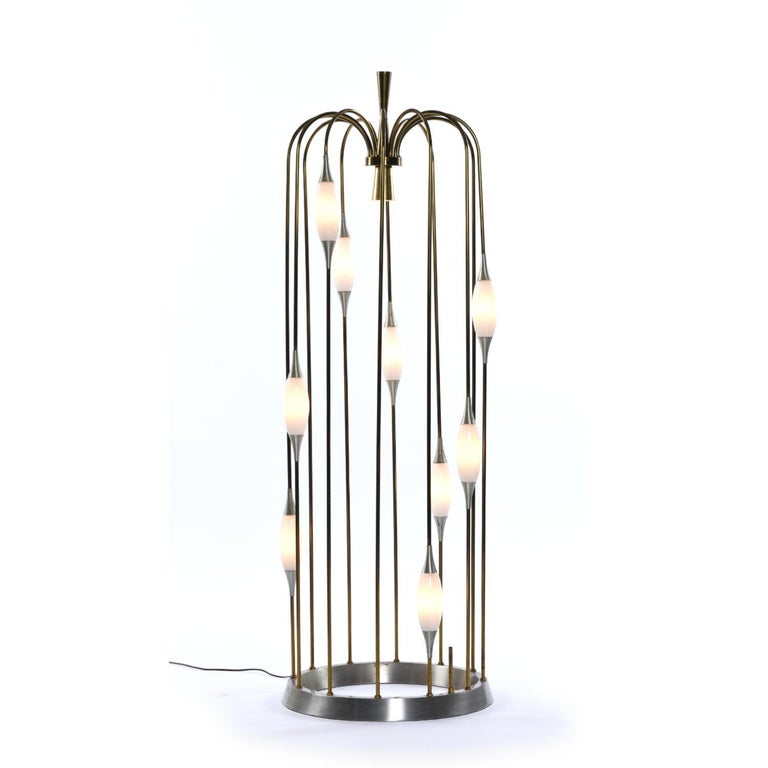Vintage 1970s Lightolier Brass Waterfall Cage Lamp with White Glass Diffusers In Good Condition For Sale In Chattanooga, TN