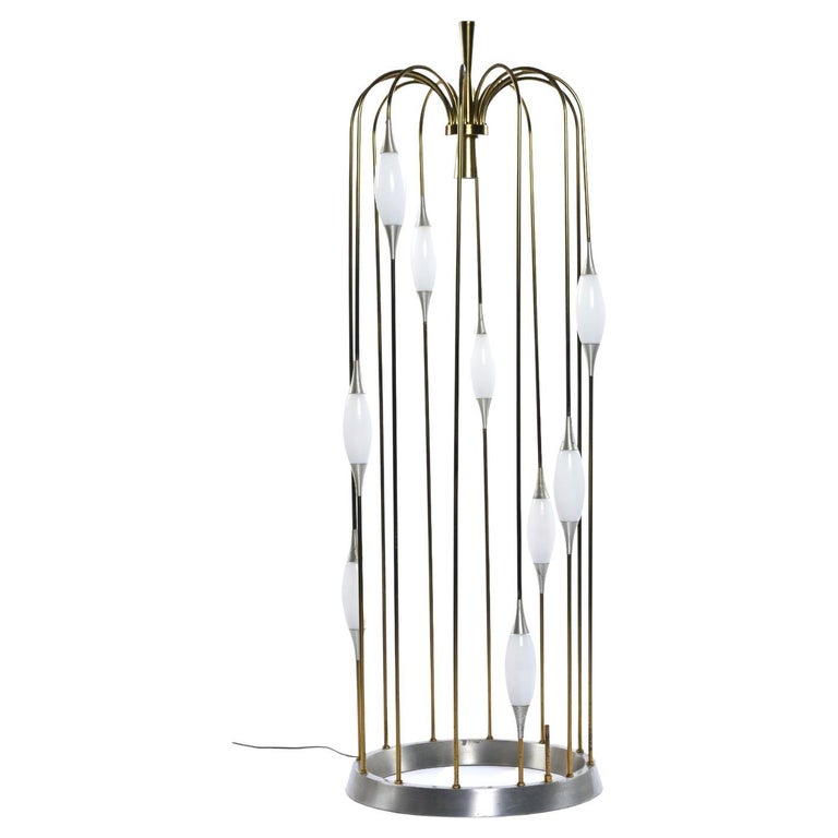 Vintage 1970s Lightolier Brass Waterfall Cage Lamp with White Glass Diffusers For Sale