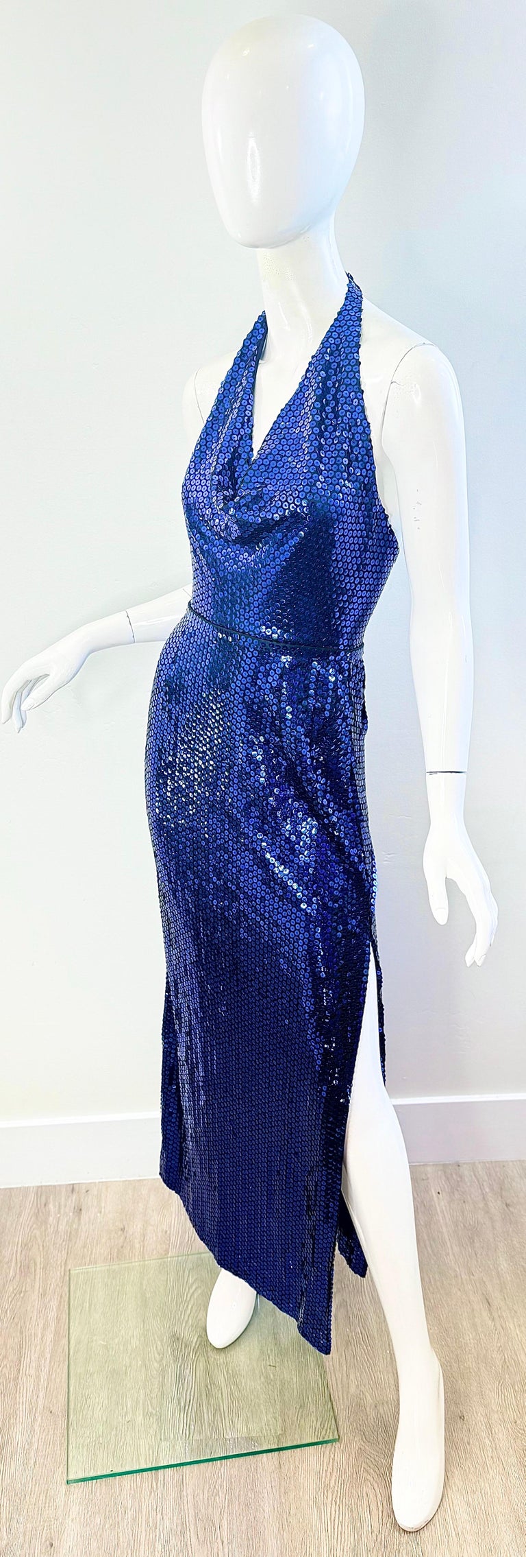 blue disco dress 70s 1970s Style Cocktail Dress Vintage 1970s Lillie Rubin Sequin Halter Disco Studio Made with smooth attr:overbust I Wanna Dance Eyelet Size:6 3/4