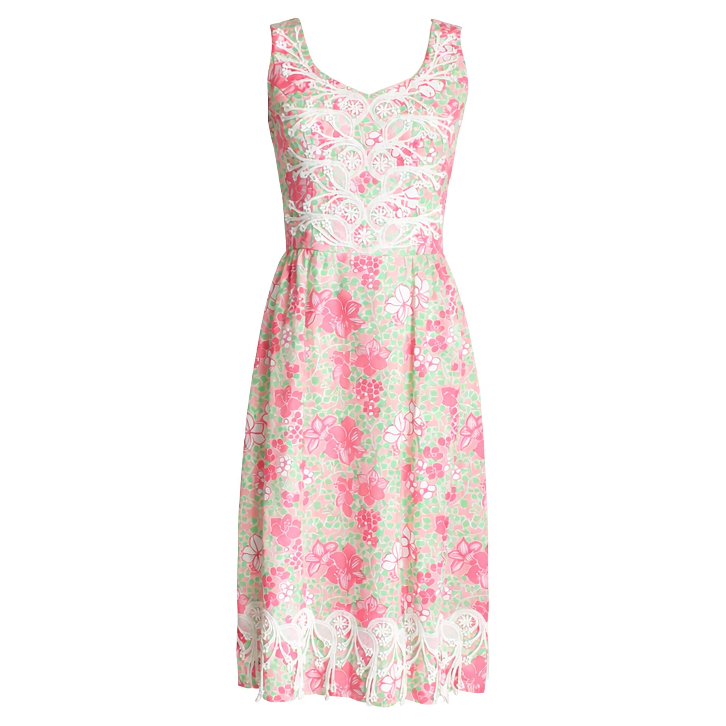 Vintage 1970s Lilly Pulitzer “The Lilly” Floral Dress with Lace Appliqué