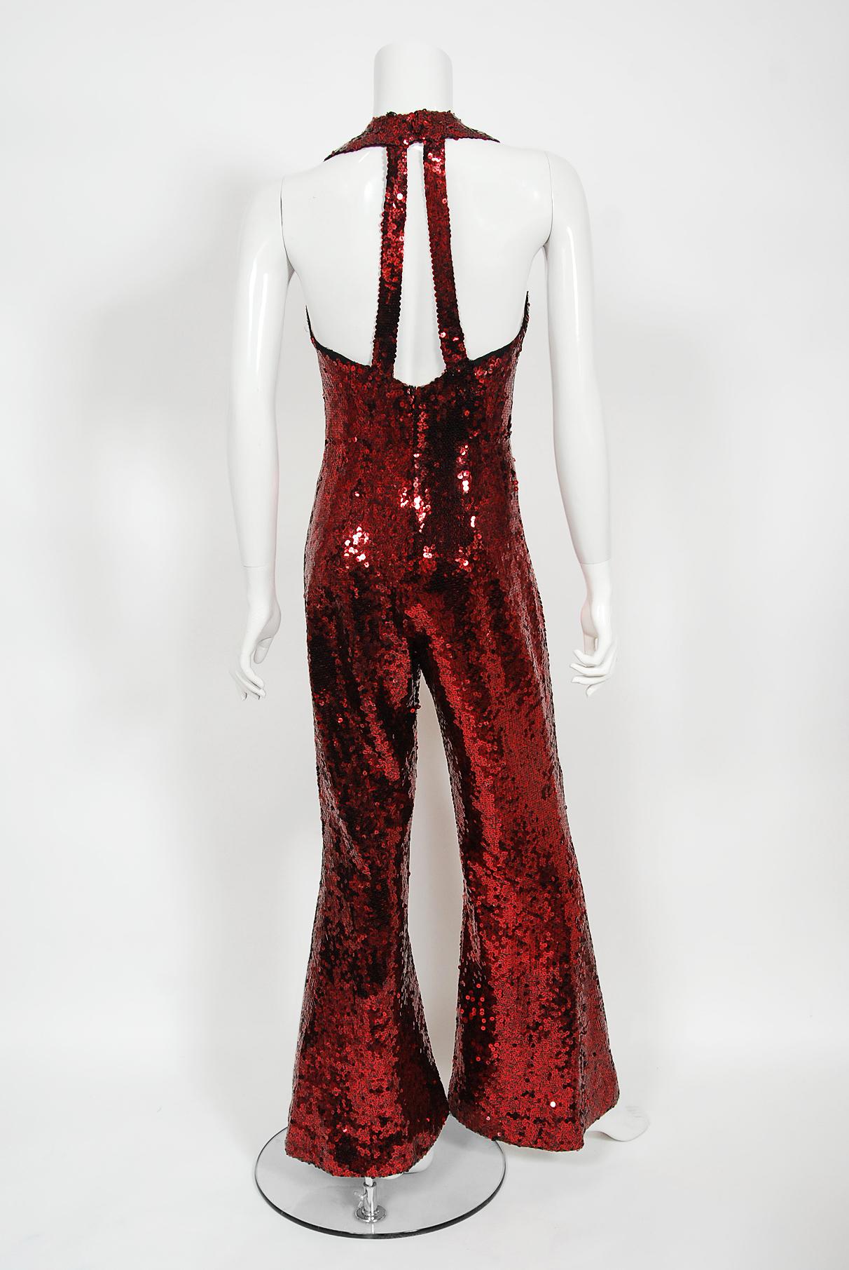 Vintage 1970s Liza Minnell Owned Red Sequin Stretch Knit Key-Hole Disco Jumpsuit 3